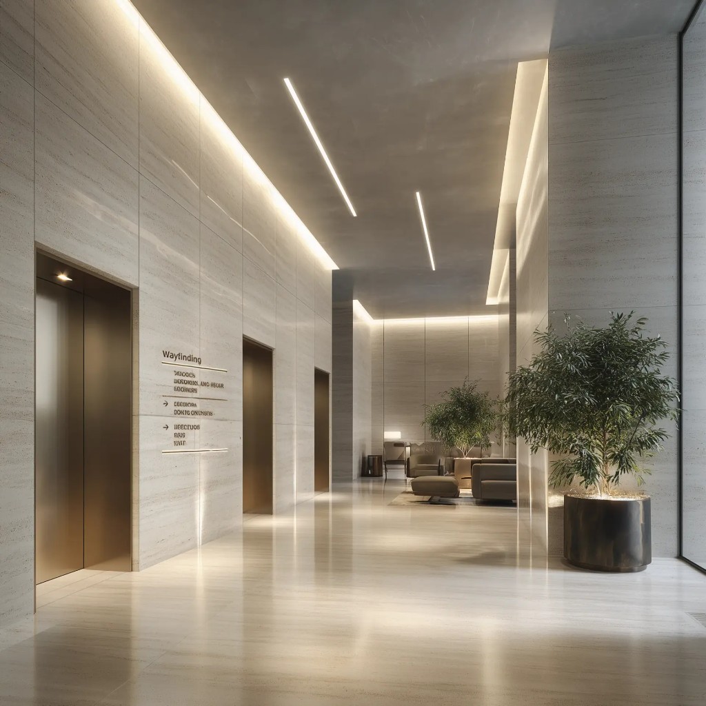 Stone arrival corridor and lounge at 1970 Office Tower