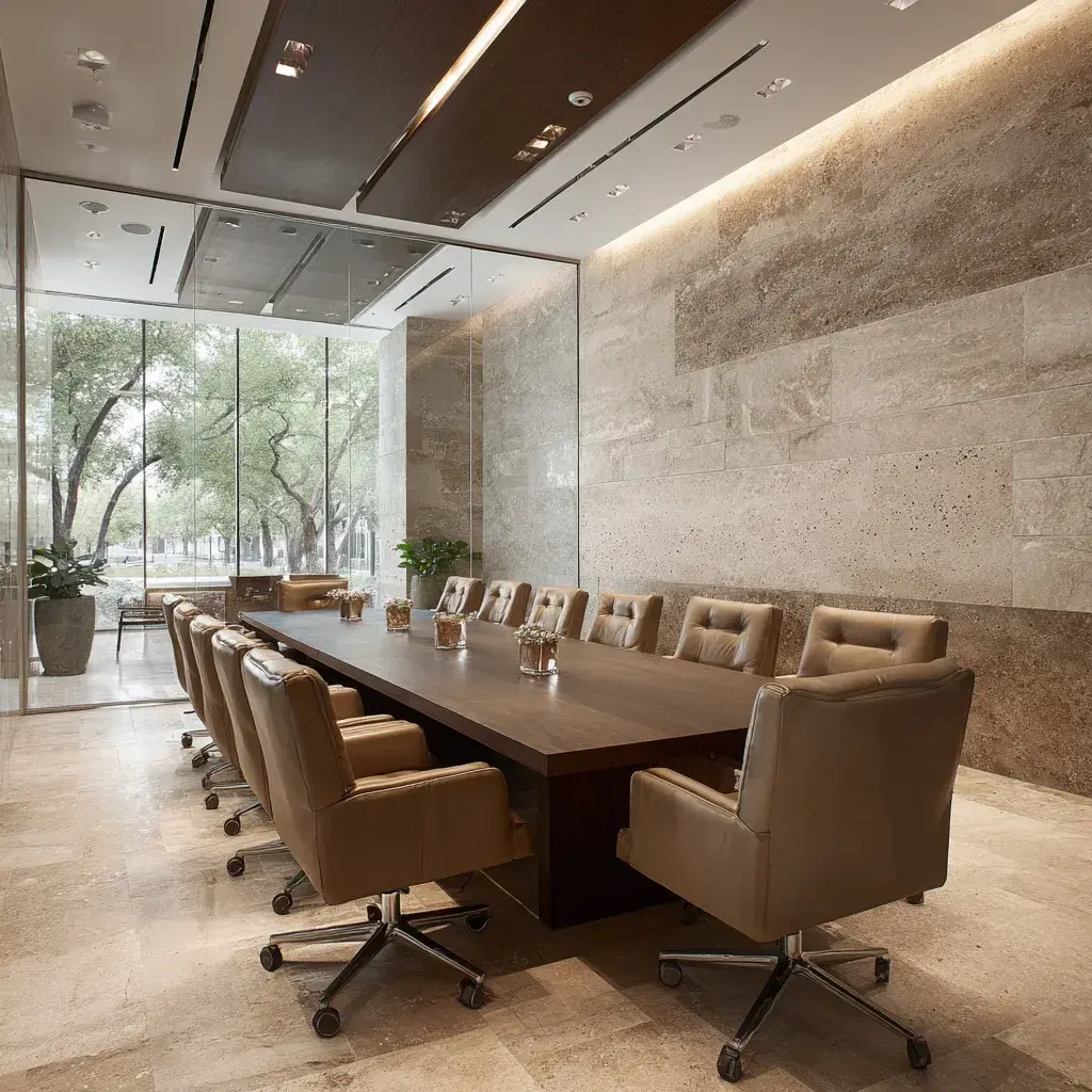 Boardroom with a long timber table at 1970 Office Tower