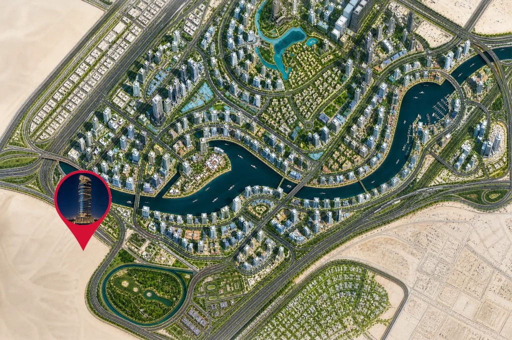 Illustrative aerial of Business Bay, Dubai, with a red pin on the canal district