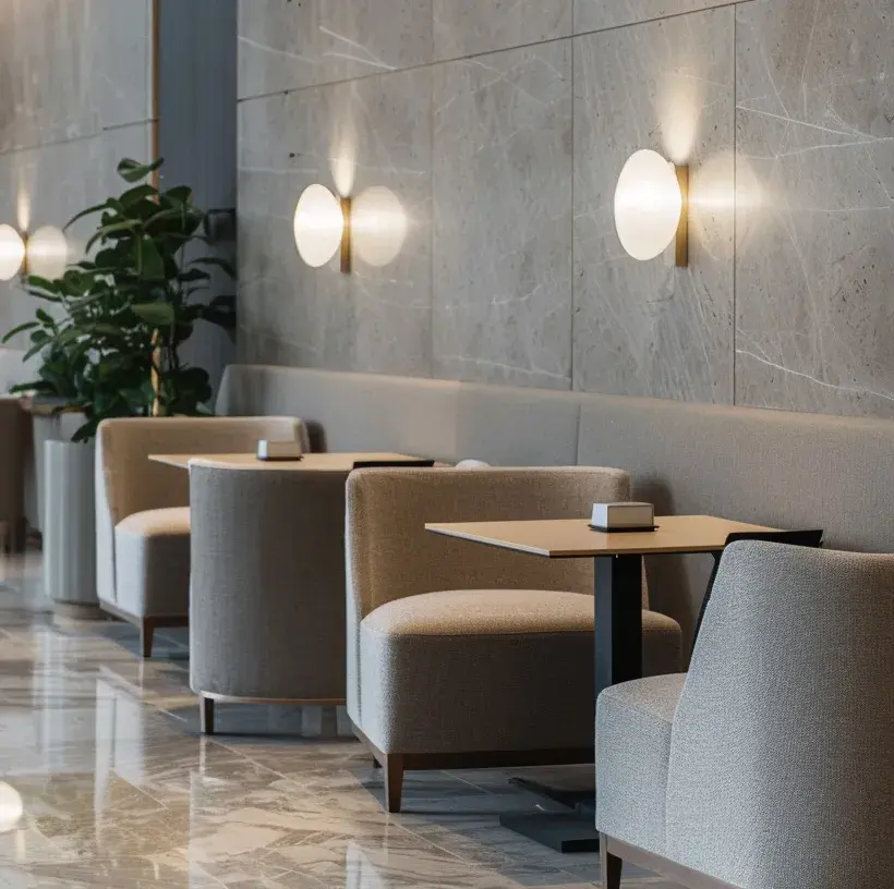 Cafe seating along a stone wall at 1970 Office Tower