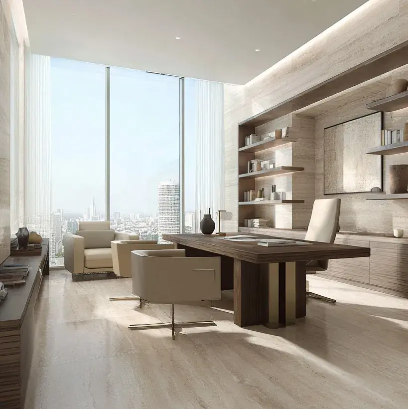 Executive office at 1970 Office Tower with a timber desk and city glazing