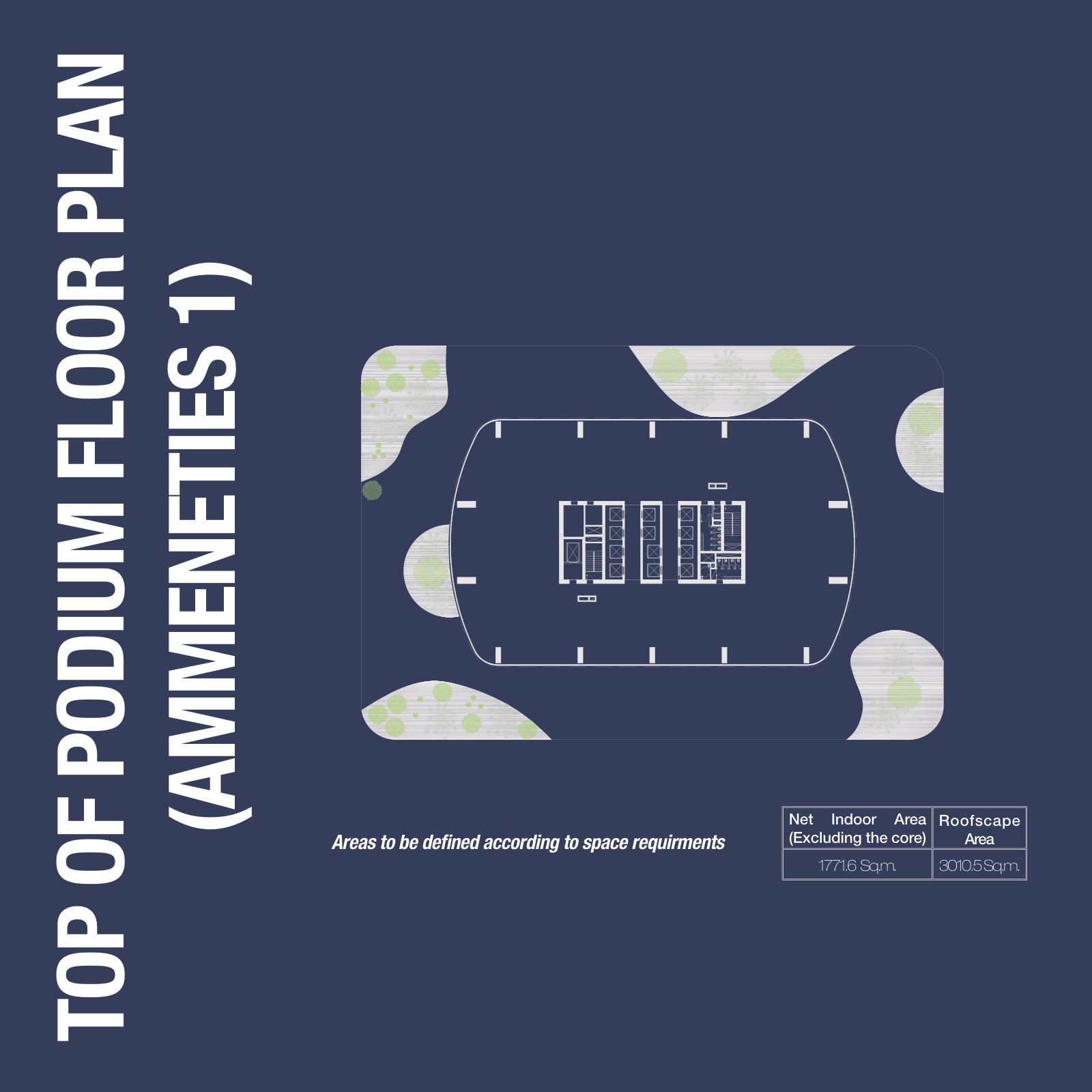 Top of podium amenities 1: 1,771.6 sqm indoor and 3,010.5 sqm roofscape, 1970 Office Tower