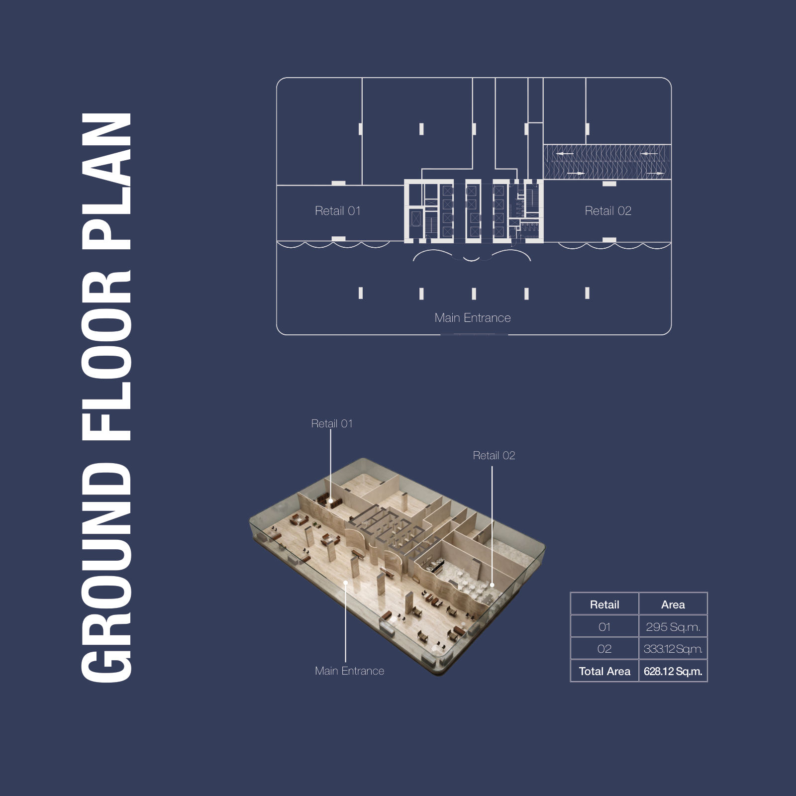 Ground floor plan: Retail 01 at 295 sqm and Retail 02 at 333.12 sqm, 1970 Office Tower