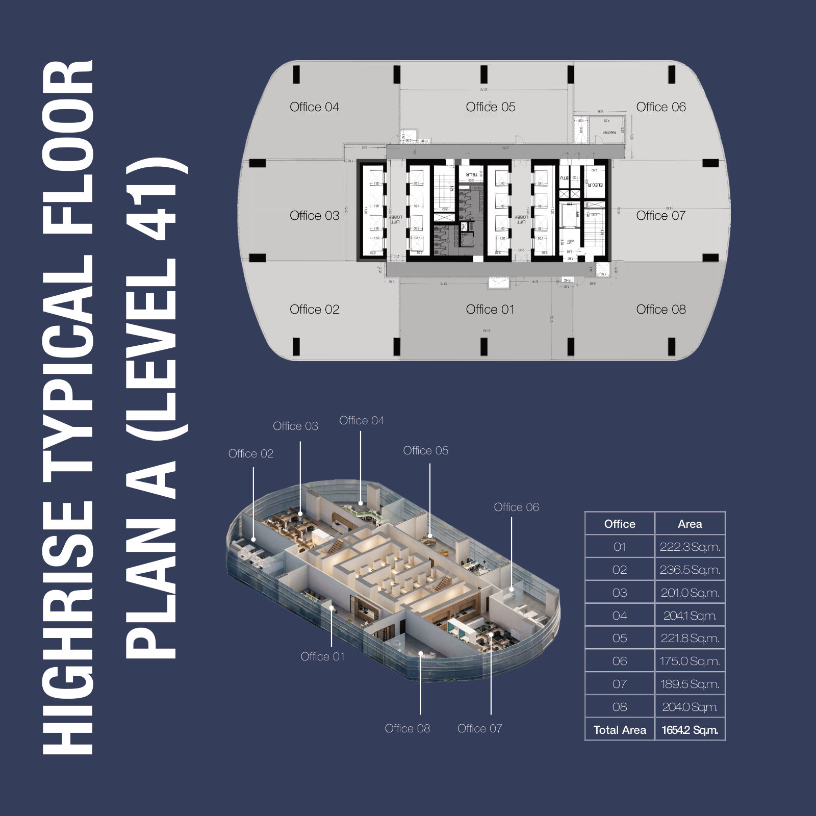 Highrise typical floor plan A, level 41, total 1,654.2 sqm, 1970 Office Tower