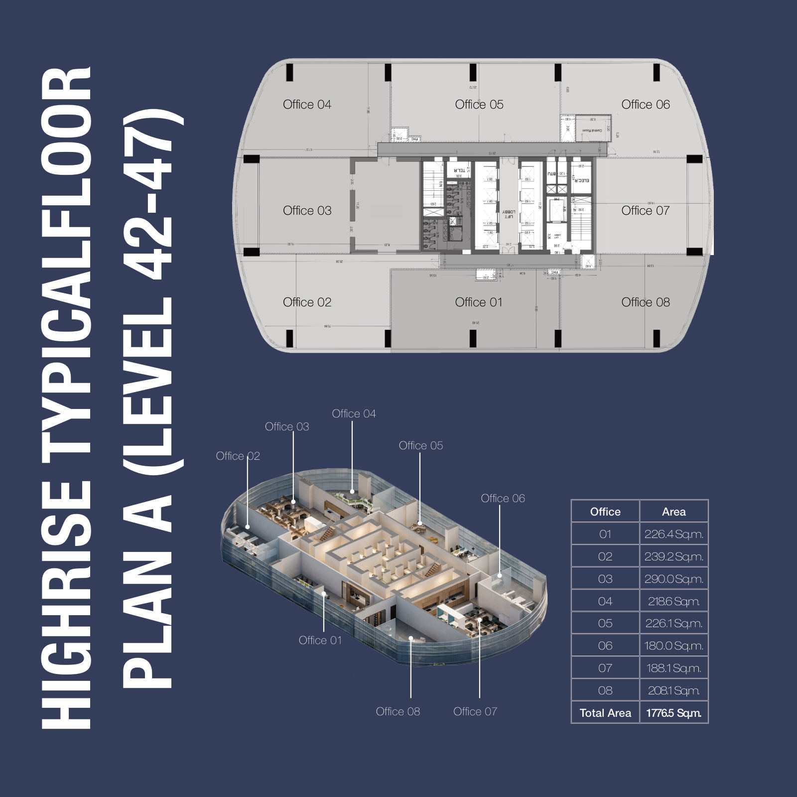 Highrise typical floor plan A, levels 42 to 47, total 1,776.5 sqm, 1970 Office Tower