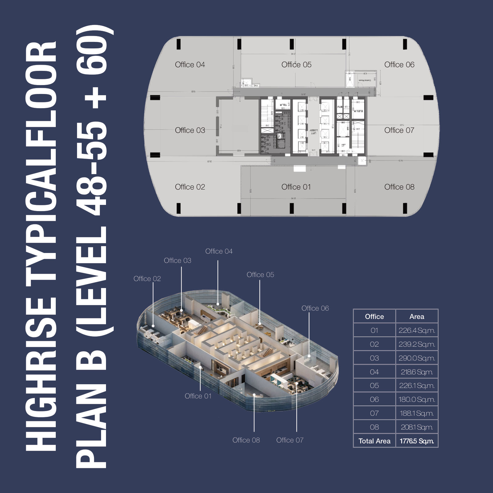 Highrise typical floor plan B, levels 48 to 55 plus 60, total 1,776.5 sqm, 1970 Office Tower