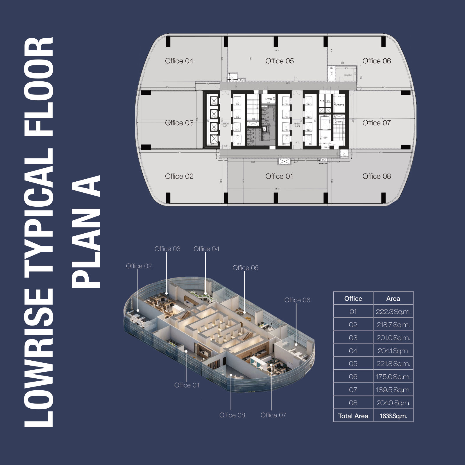 Lowrise typical floor plan A, offices 01 to 08, total 1,636 sqm, 1970 Office Tower