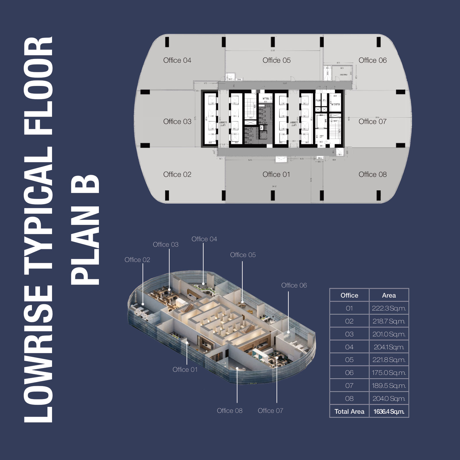 Lowrise typical floor plan B, offices 01 to 08, total 1,636 sqm, 1970 Office Tower