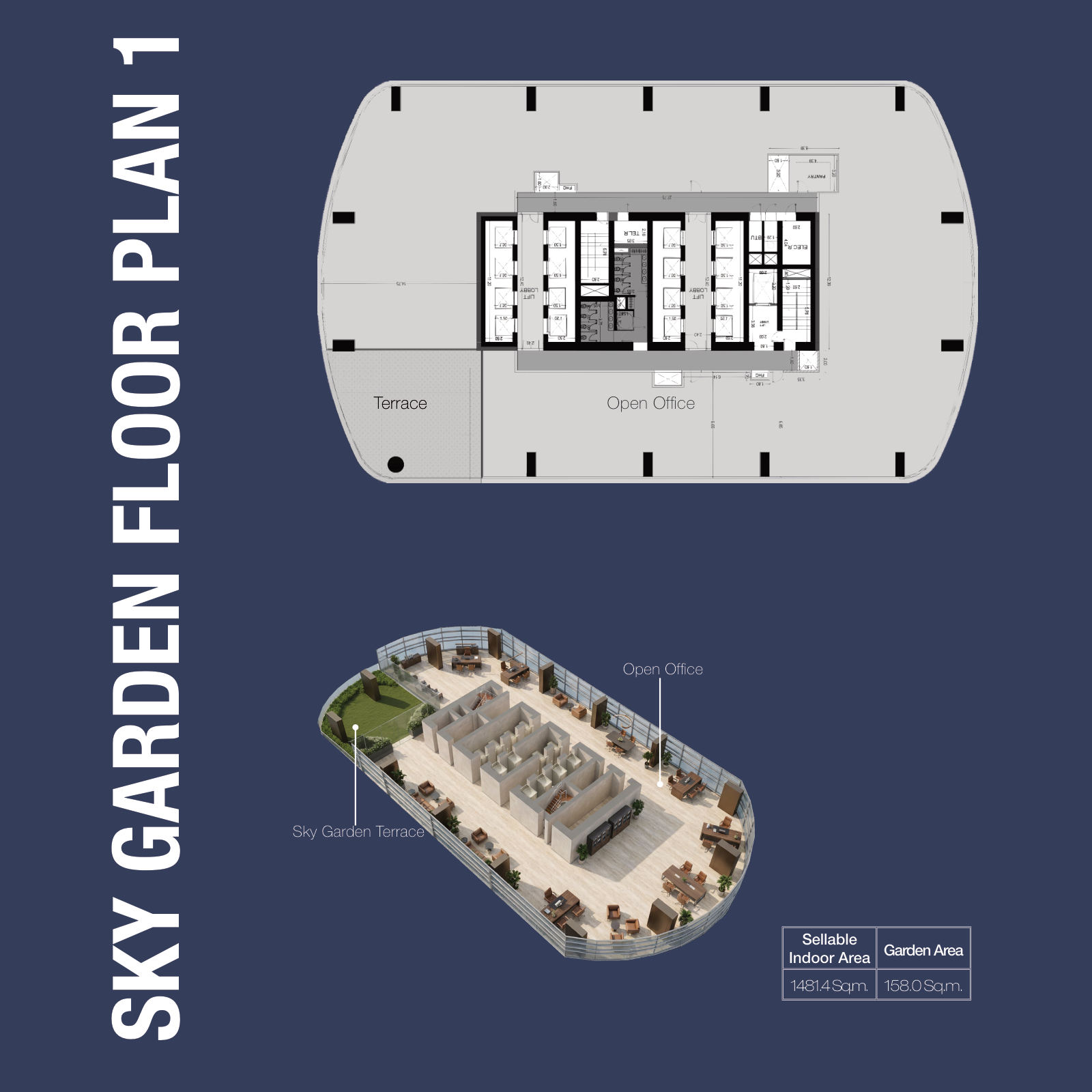 Sky garden floor plan 1: 1,481.4 sqm indoor and 158.0 sqm garden, 1970 Office Tower