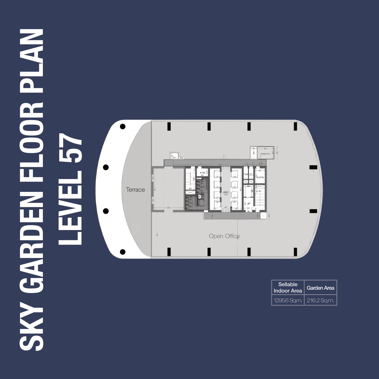 Sky garden level 57: 1,295.6 sqm indoor and 216.2 sqm garden, 1970 Office Tower