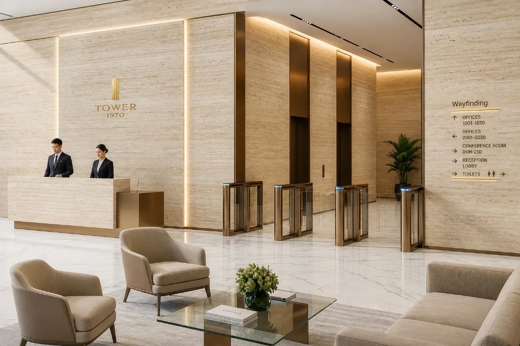 Grand lobby of 1970 Office Tower with staff at a stone desk and a Tower 1970 wall