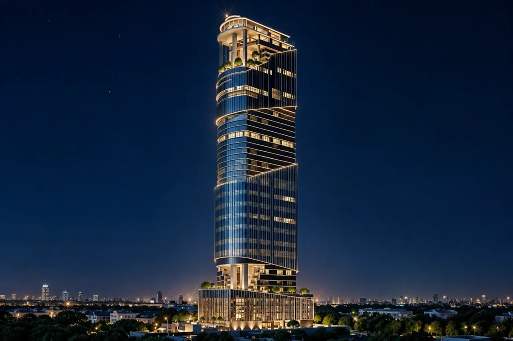 1970 Office Tower at night, a stacked glass commercial tower in Business Bay, Dubai