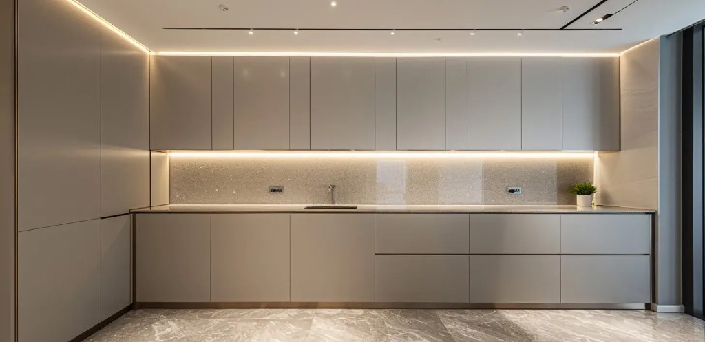 Pantry with handleless cabinetry and a stone splashback at 1970 Office Tower