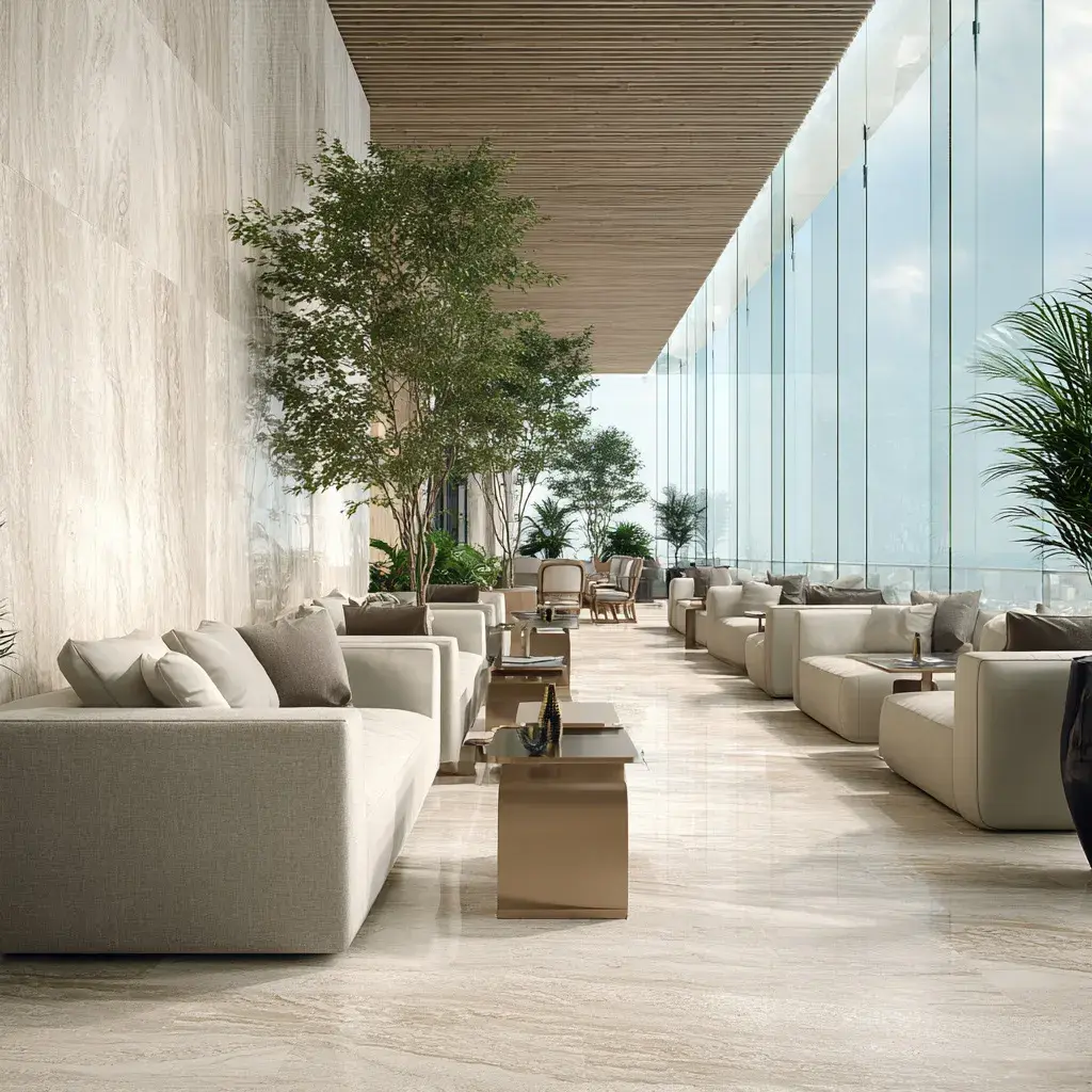Sky garden lounge at 1970 Office Tower with sofas, trees and full-height glass