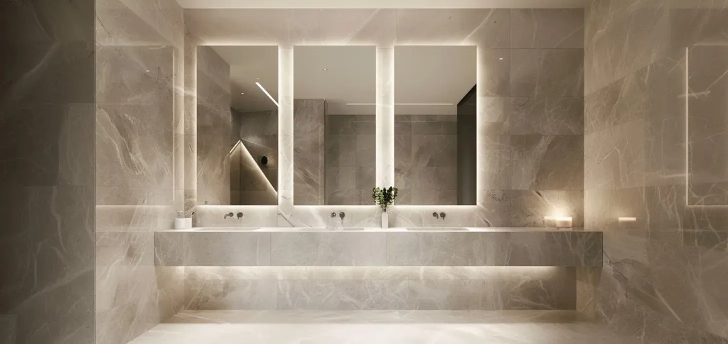 Stone washroom with a floating vanity and backlit mirrors at 1970 Office Tower