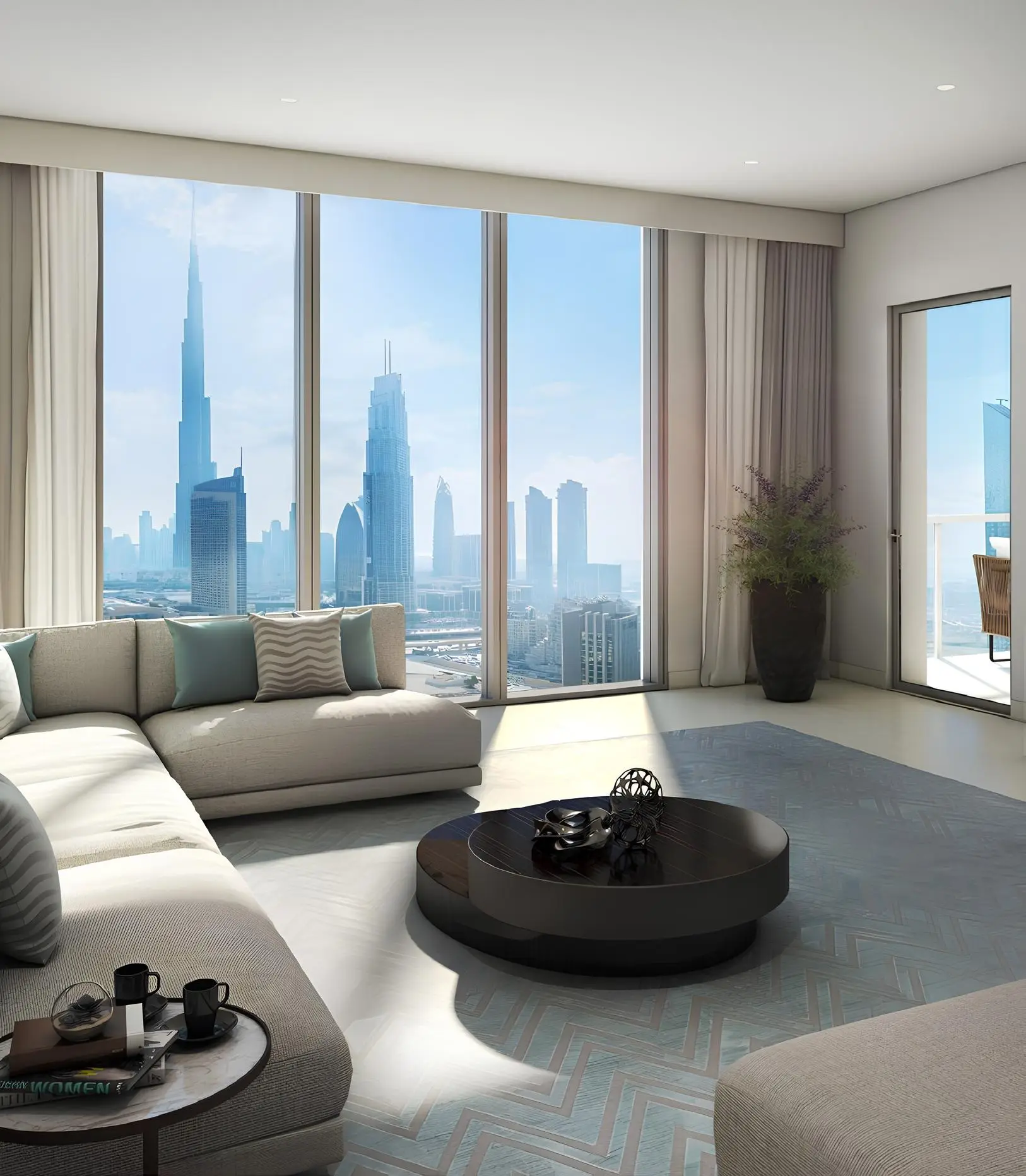 Act One Act Two apartment living room with Burj Khalifa view