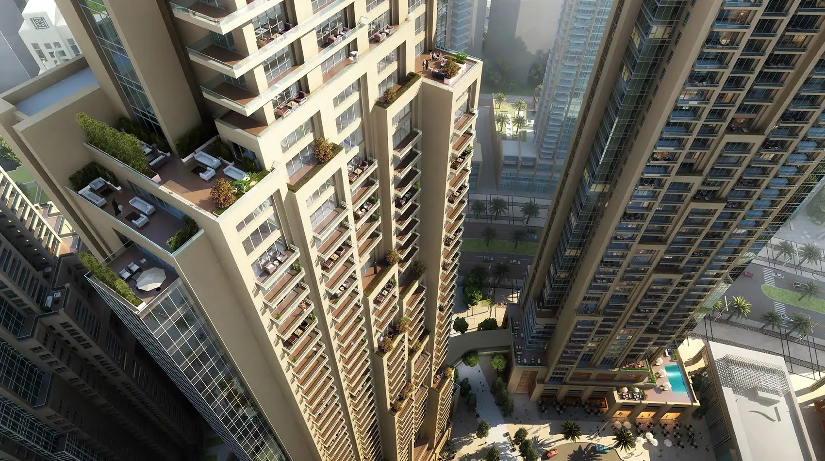 Act One Act Two stepped terraces and Downtown Dubai boulevard setting