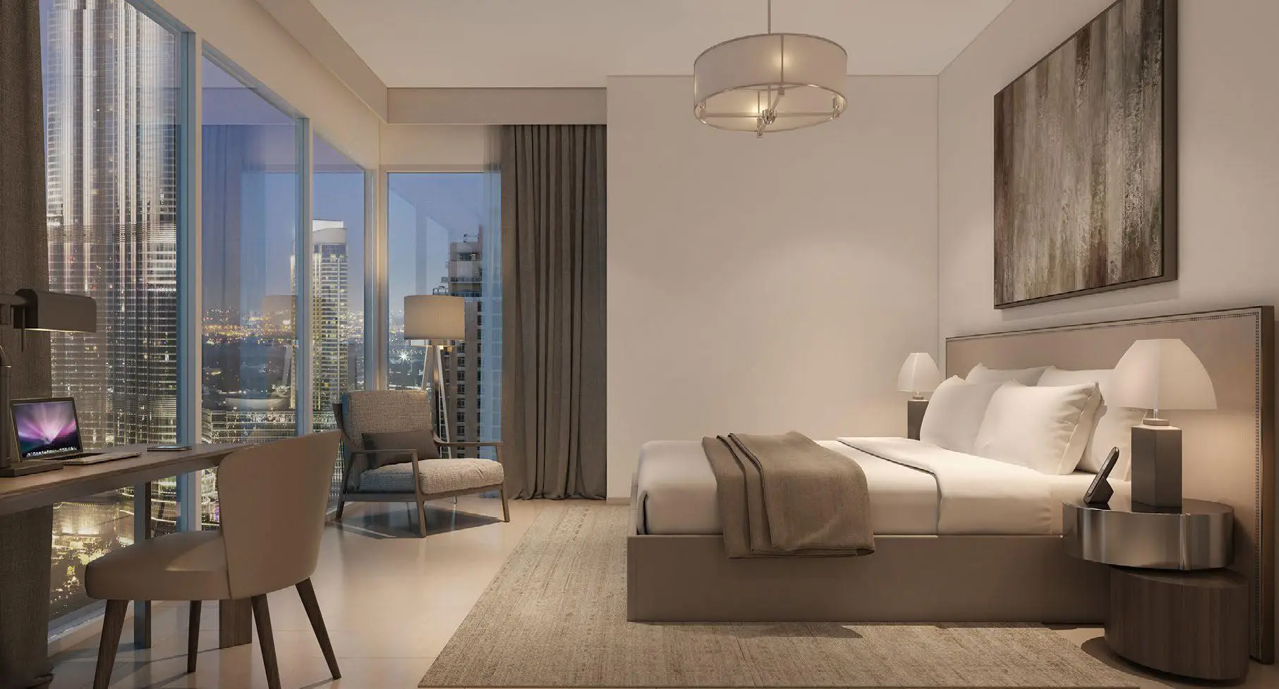 Act One Act Two bedroom with full-height windows and Burj Khalifa view
