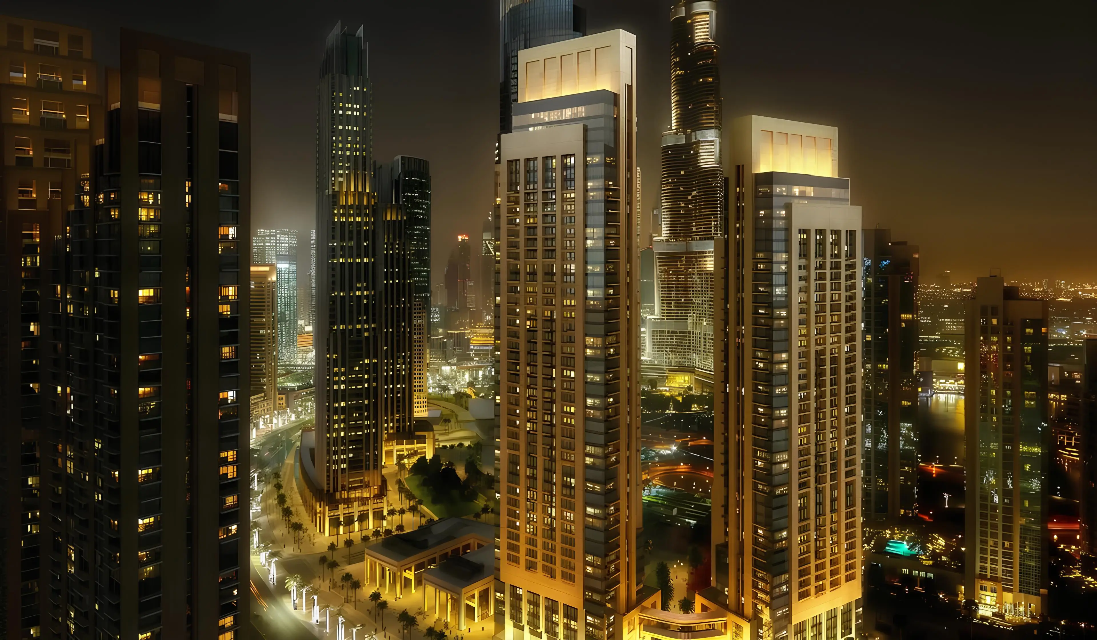 Act One Act Two towers illuminated on the Downtown Dubai skyline