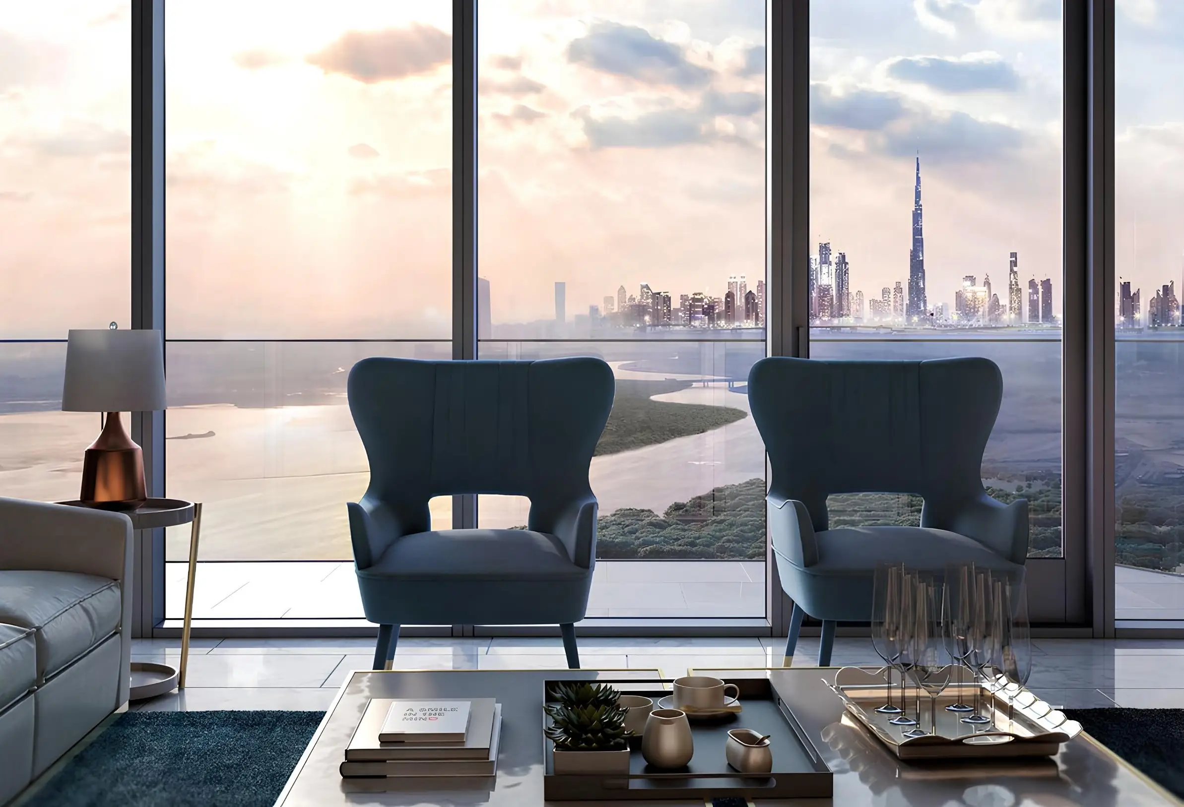 Address Harbour Point sitting area overlooking the Dubai skyline