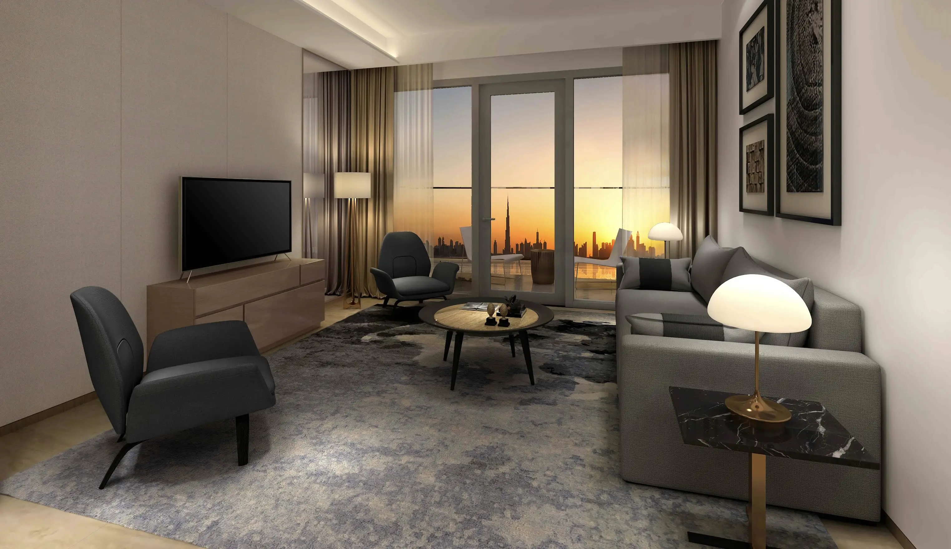 Address Harbour Point living room with Dubai skyline view