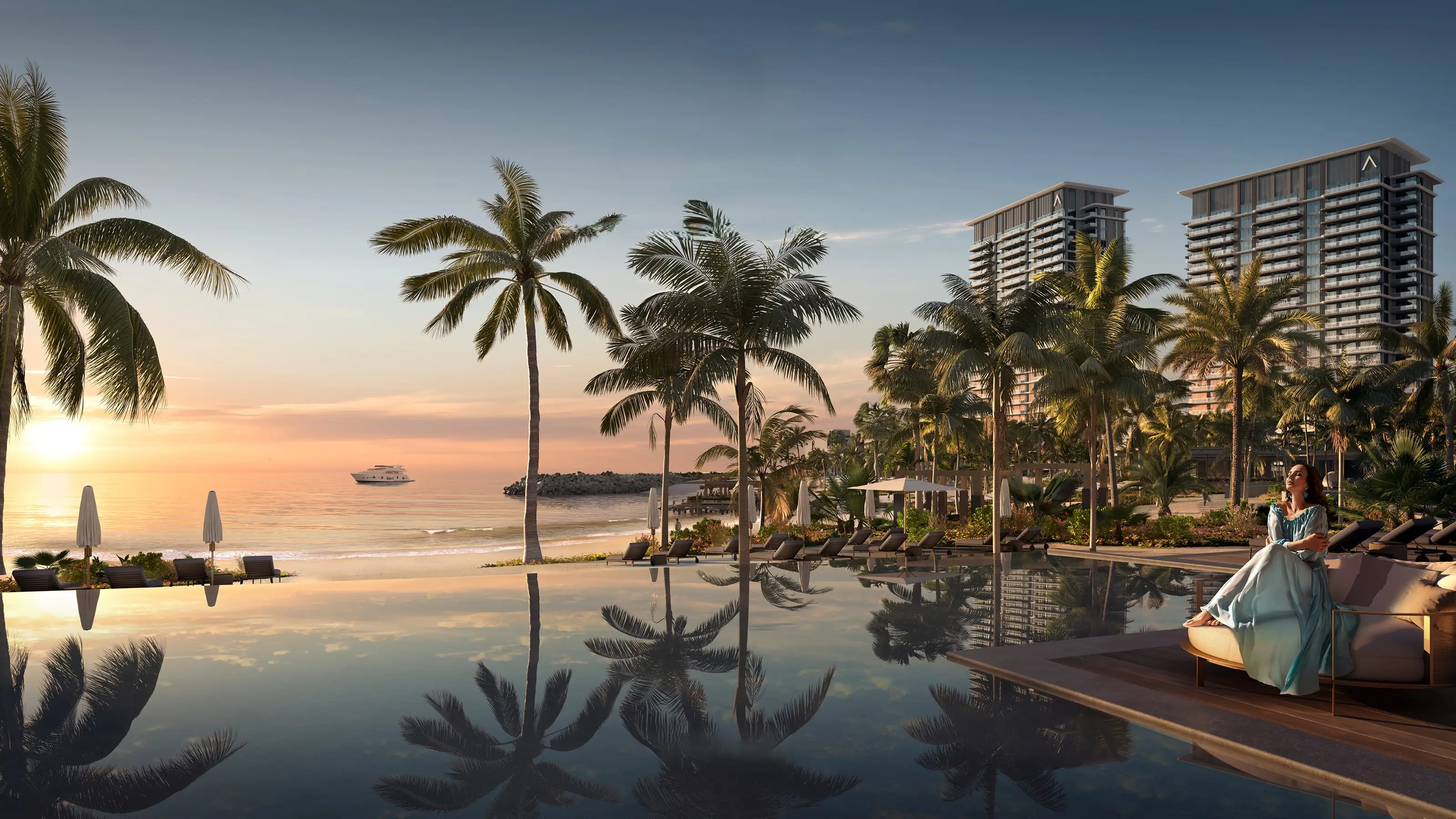 Address Residences Al Marjan infinity pool at sunset