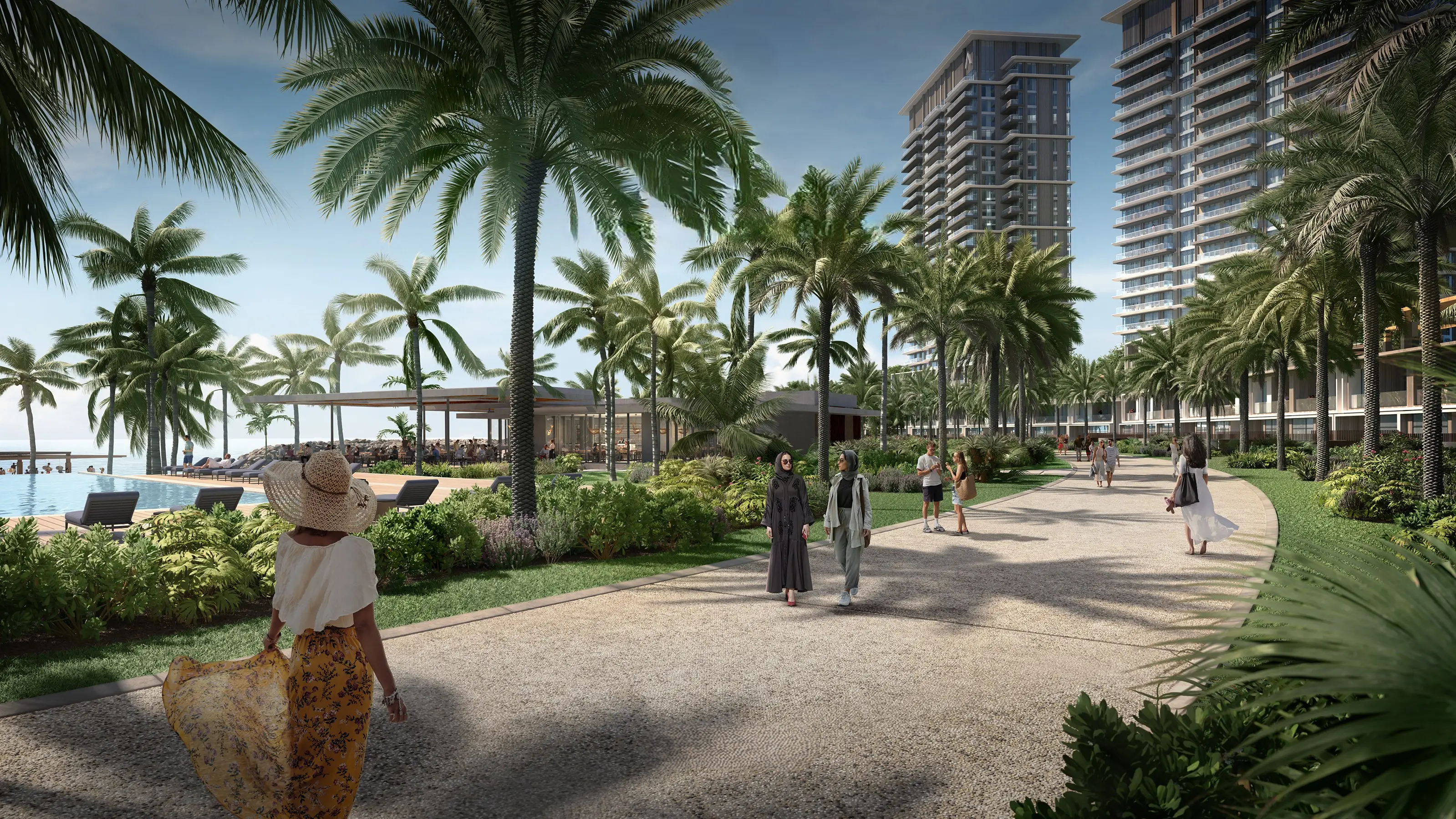Landscaped promenade and pool beside Address Residences Al Marjan Phase 1 towers