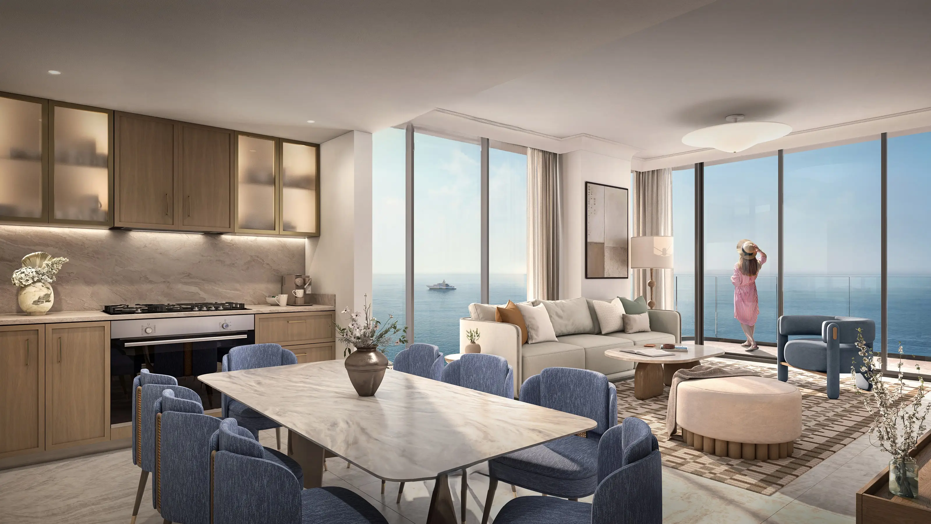 Address Residences Al Marjan Phase 2 open-plan living dining room and fitted kitchen