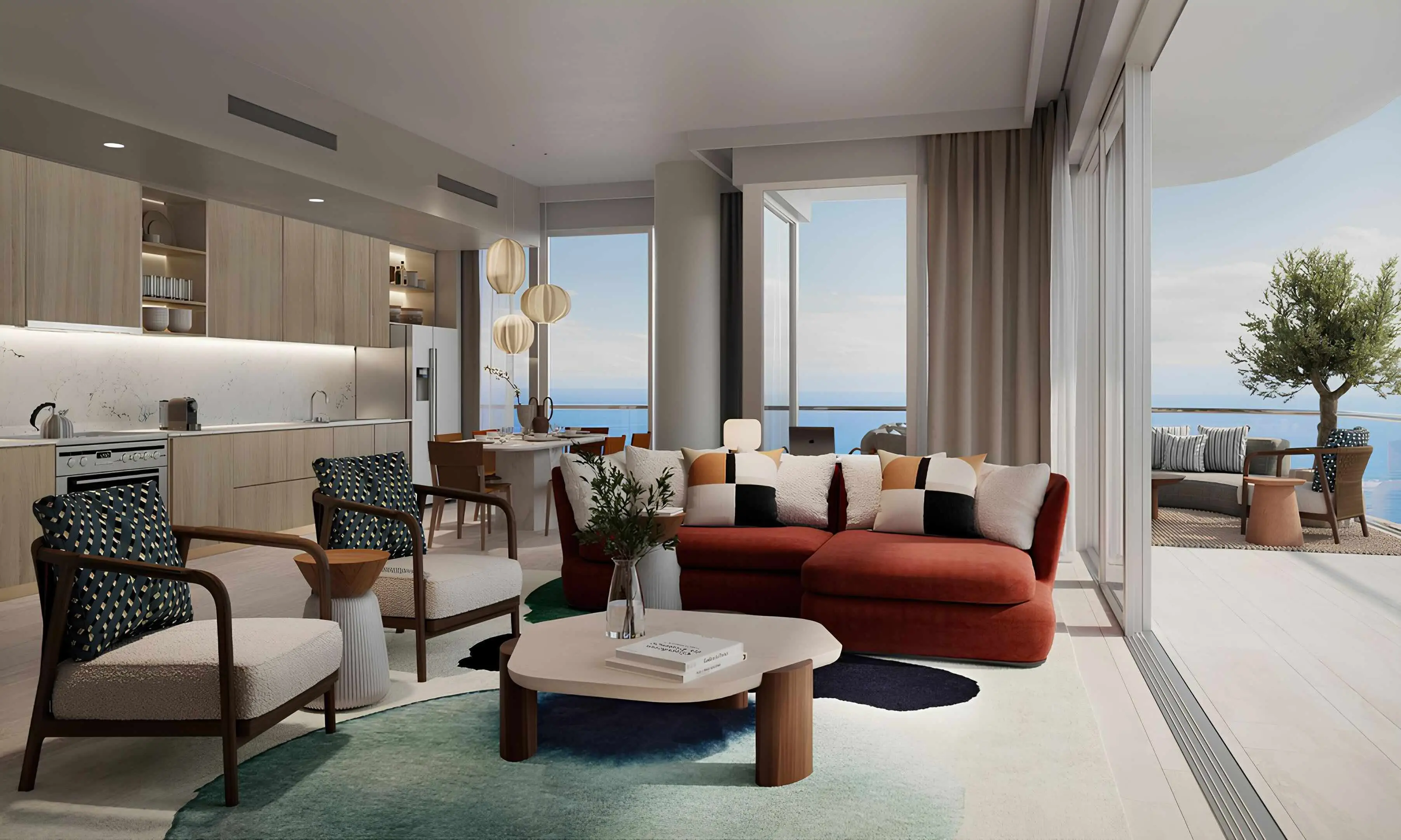 Address Residences The Bay furnished living room with sea-view balcony