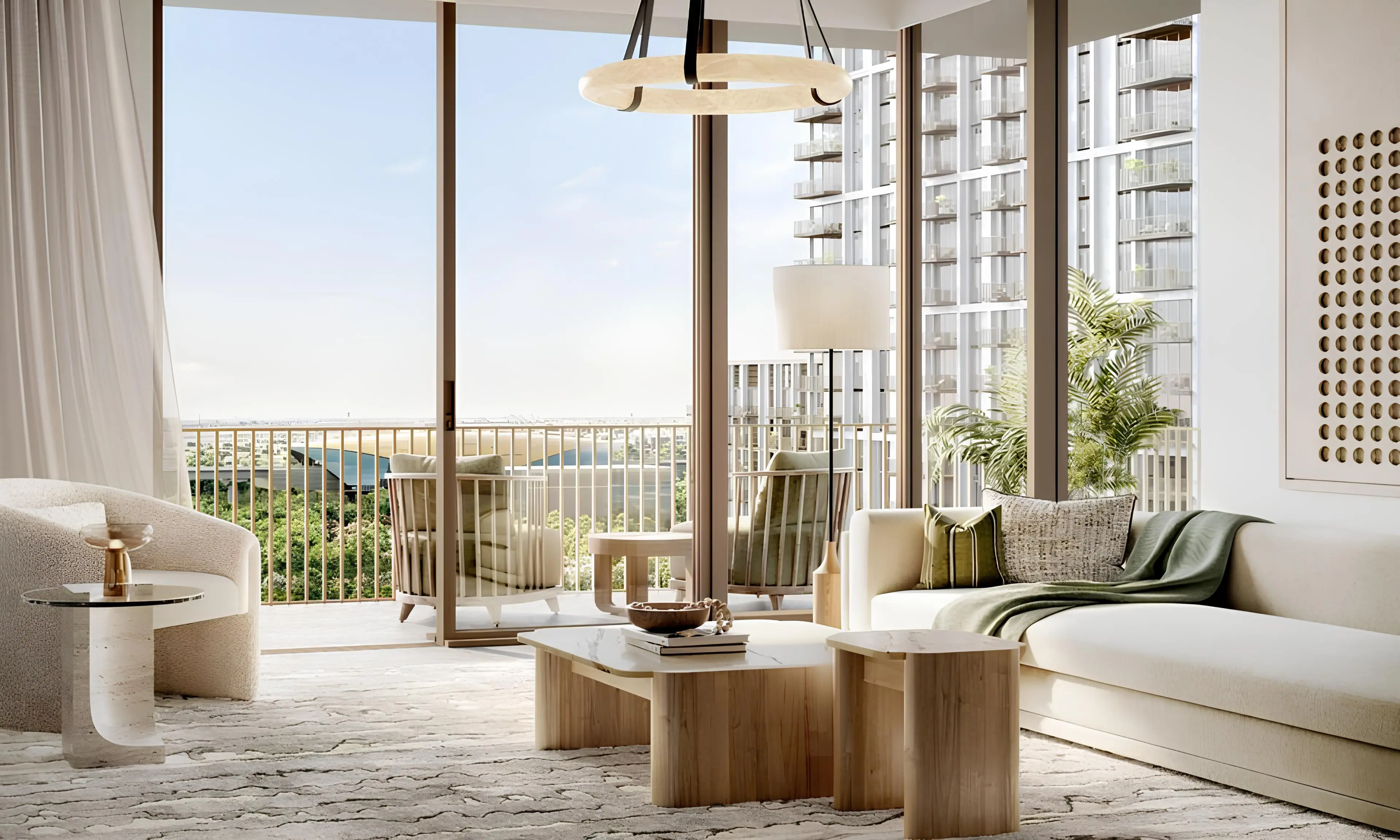 Aeon apartment living room with balcony and Dubai Creek Harbour outlook