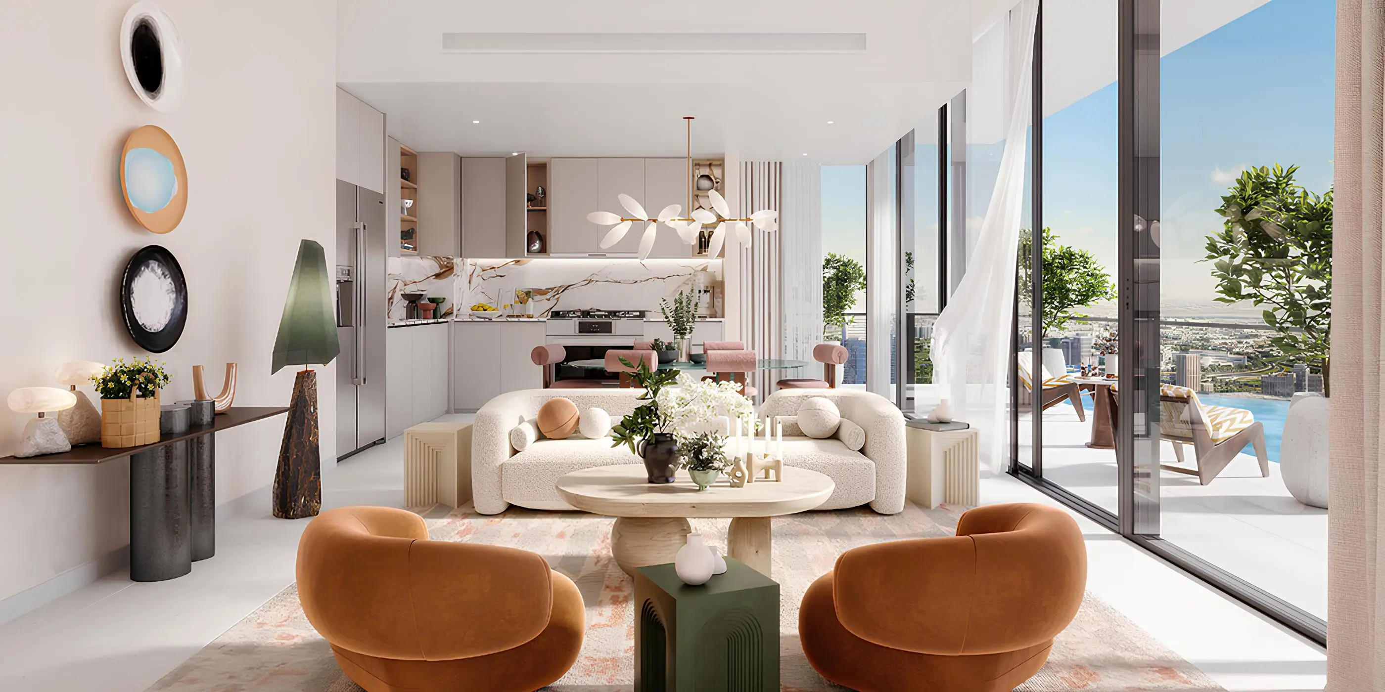 Aeon open-plan living room and fitted kitchen with waterfront terrace