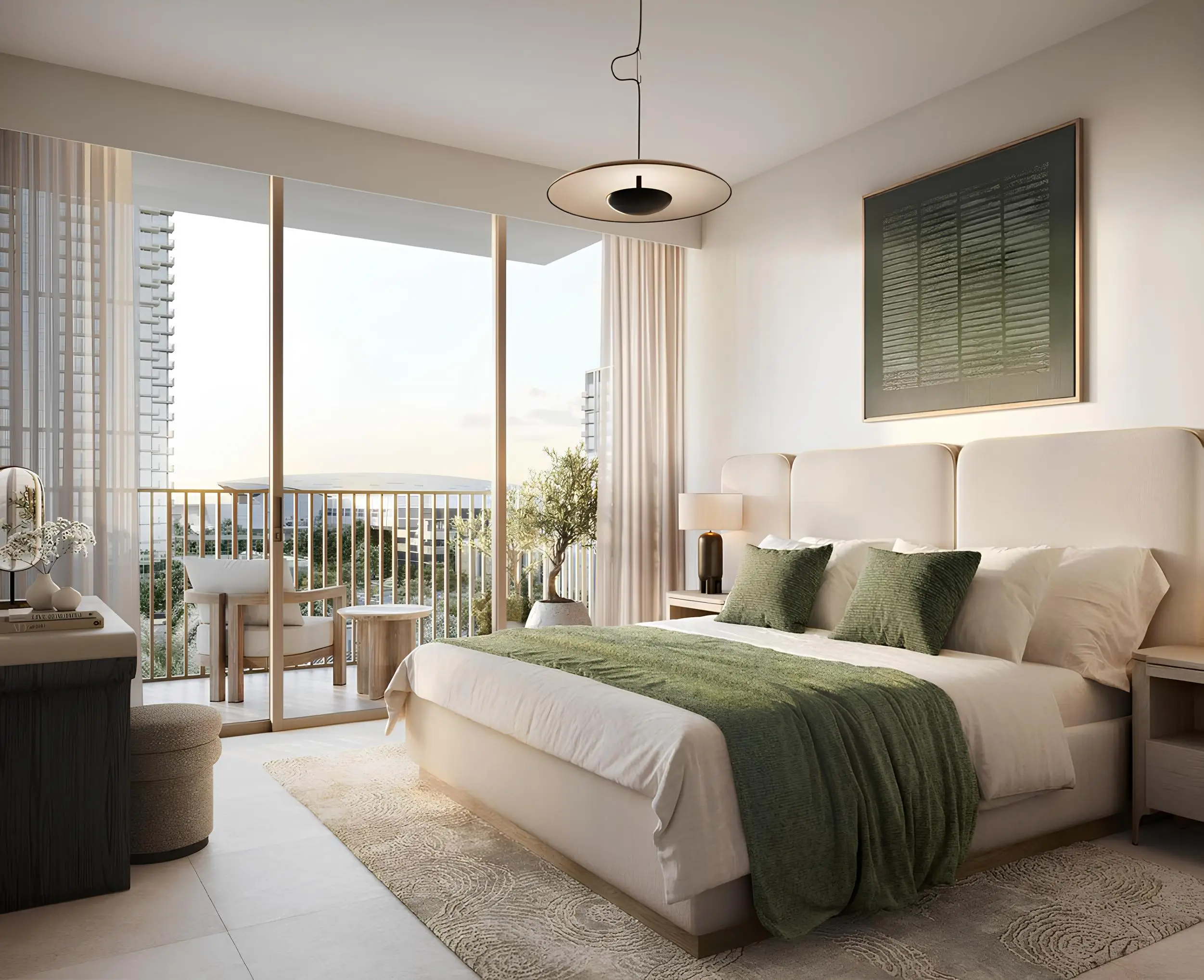 Aeon apartment bedroom with balcony and natural finishes