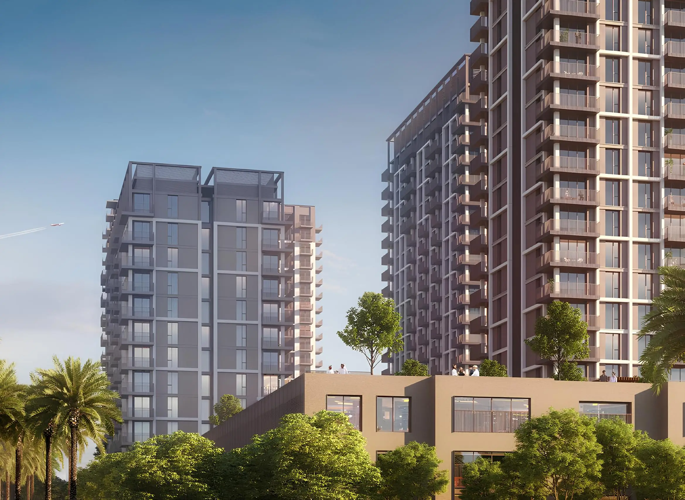 Aeon Tower 1 and Tower 2 rising above the landscaped podium