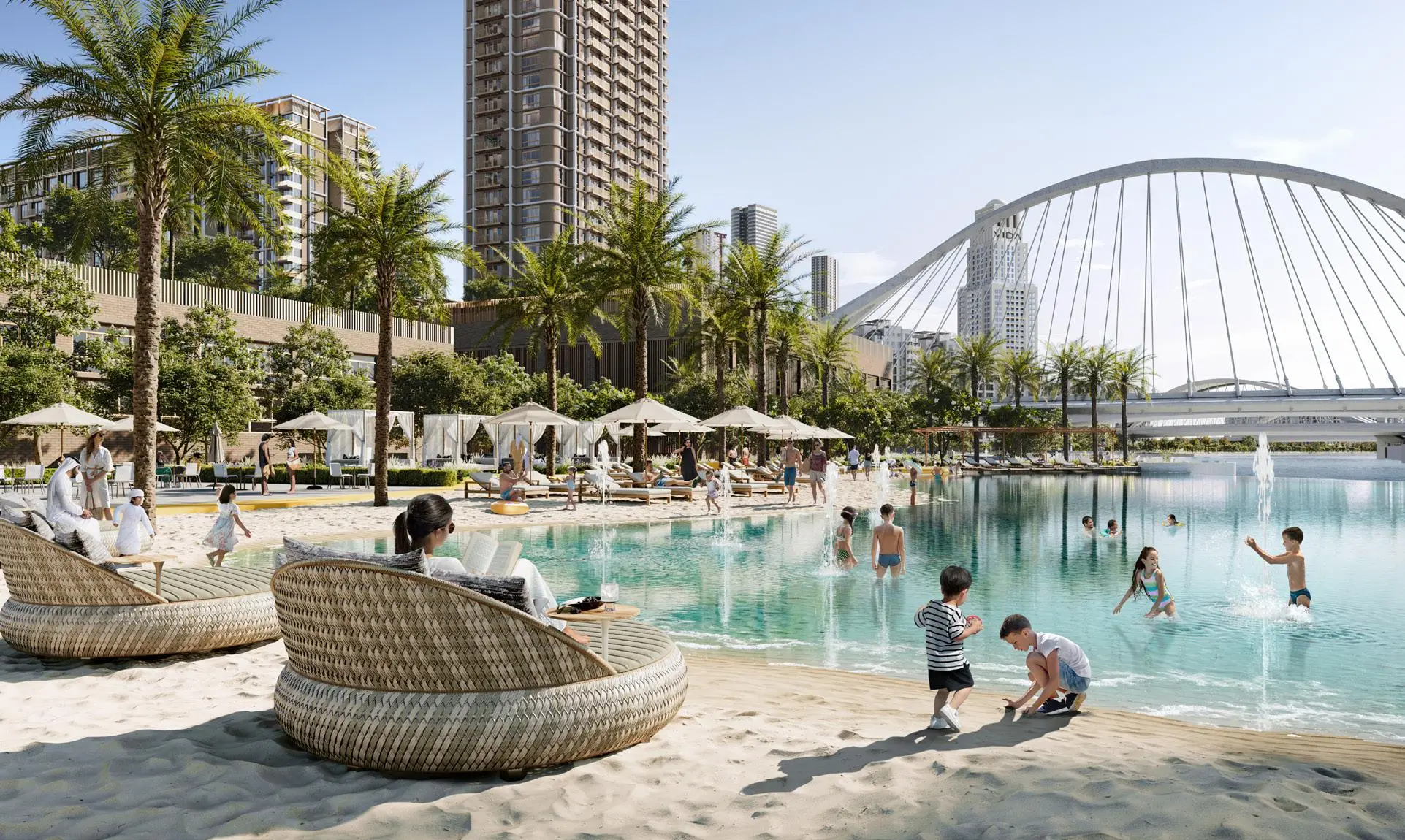 Dubai Creek Harbour lagoon beach and family leisure setting near Aeon