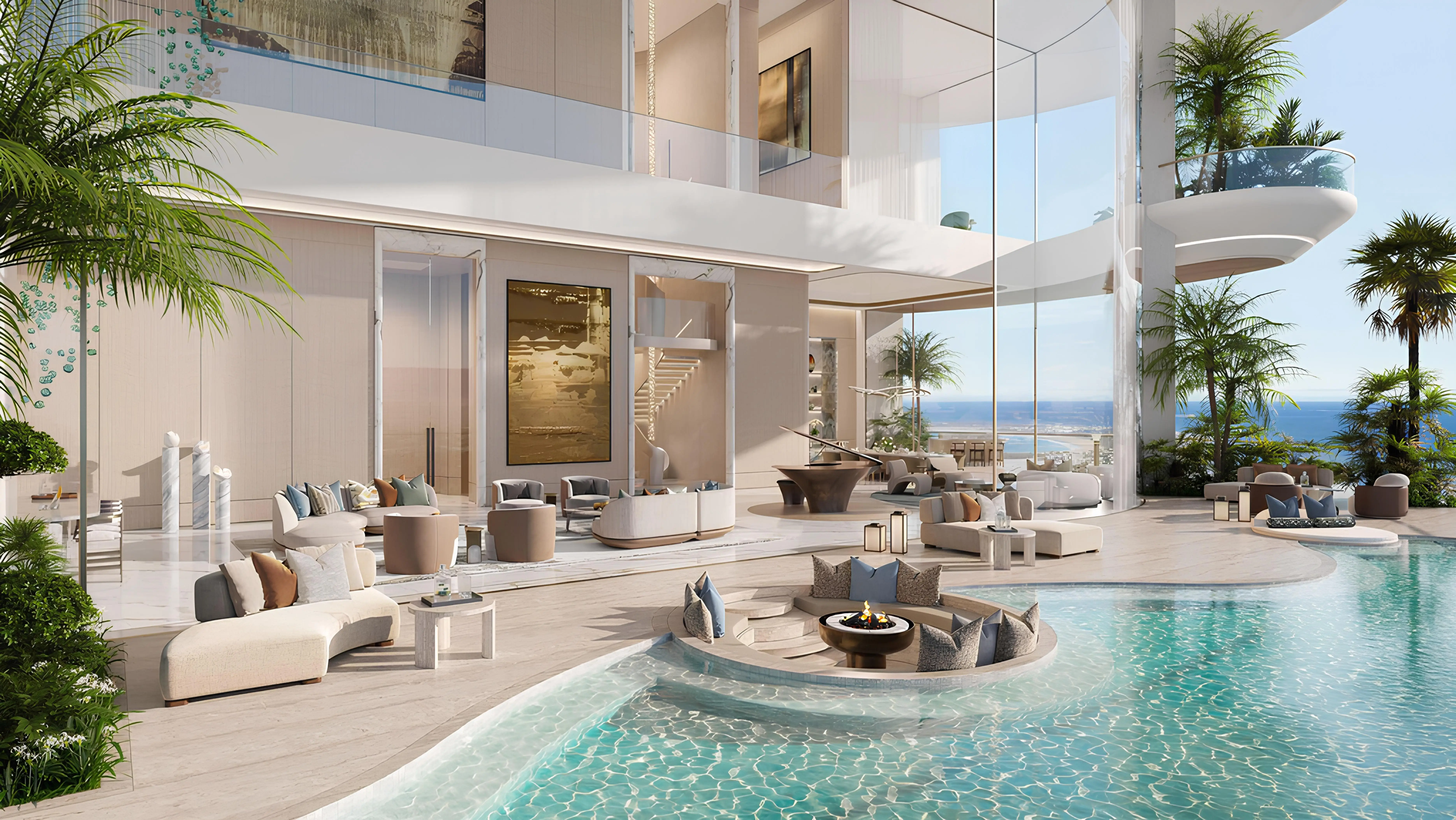 Water-inspired atrium lobby at Amali Residences