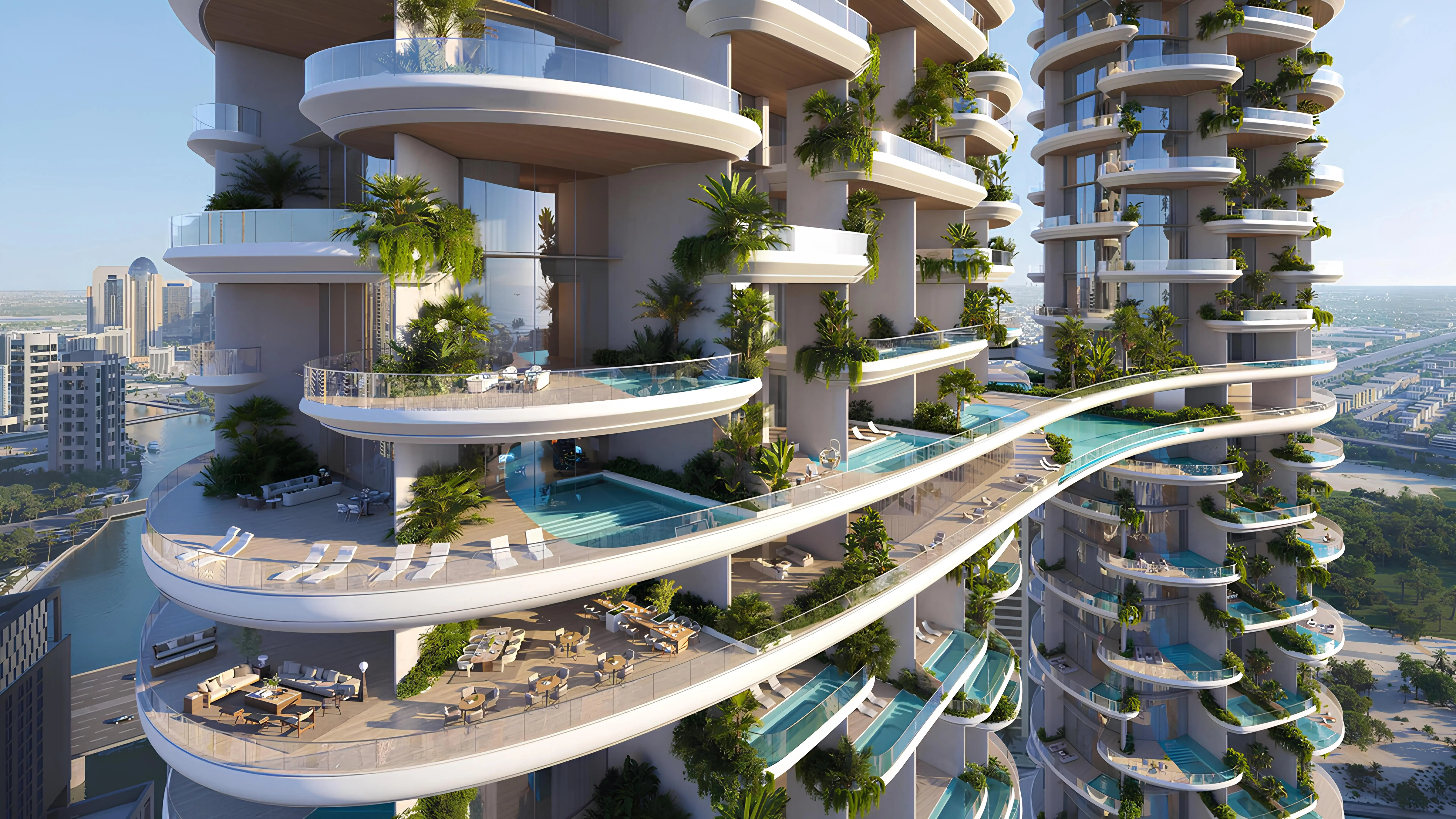 Private pool terraces connecting the Amali Residences towers