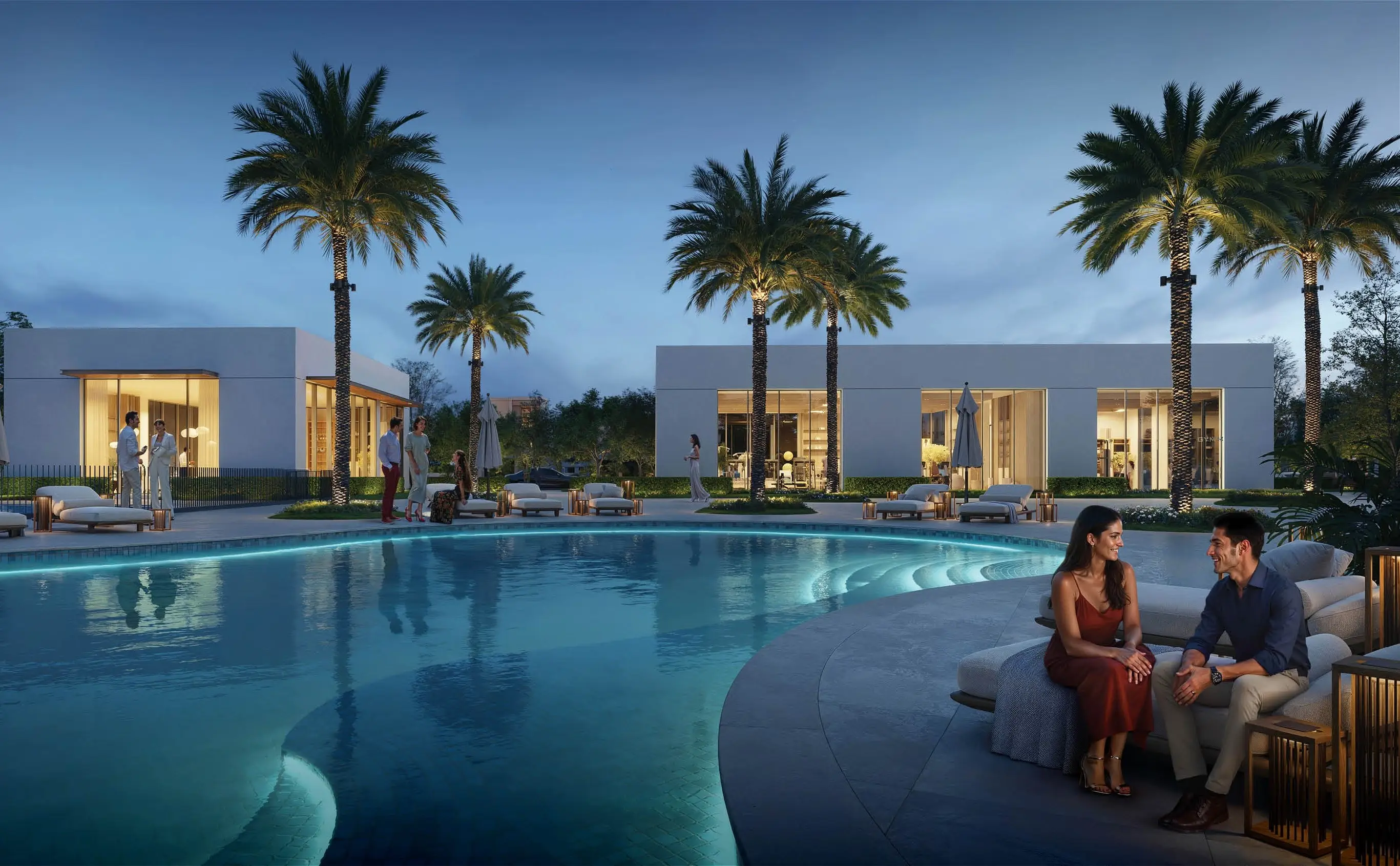 Avelia community swimming pool at dusk