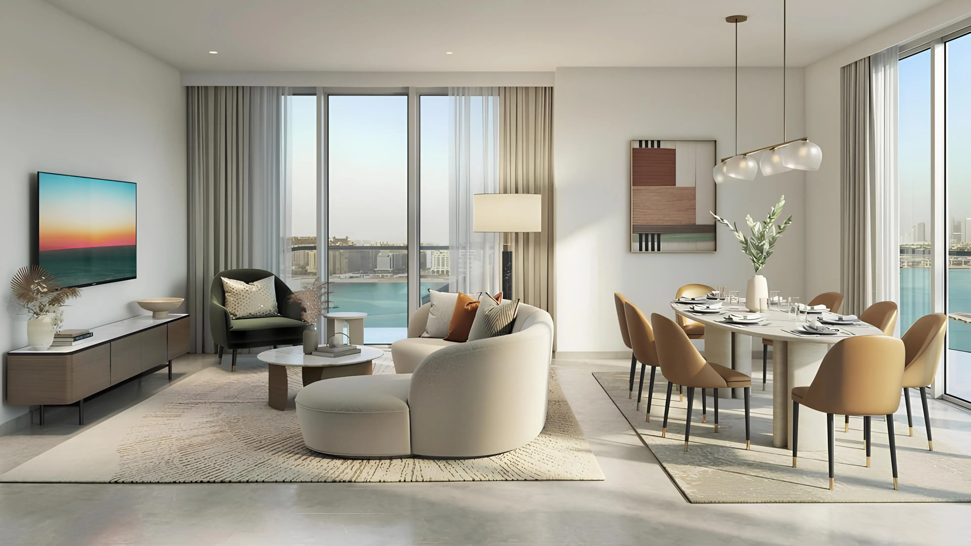 Beachgate by Address apartment living room with sea and skyline views