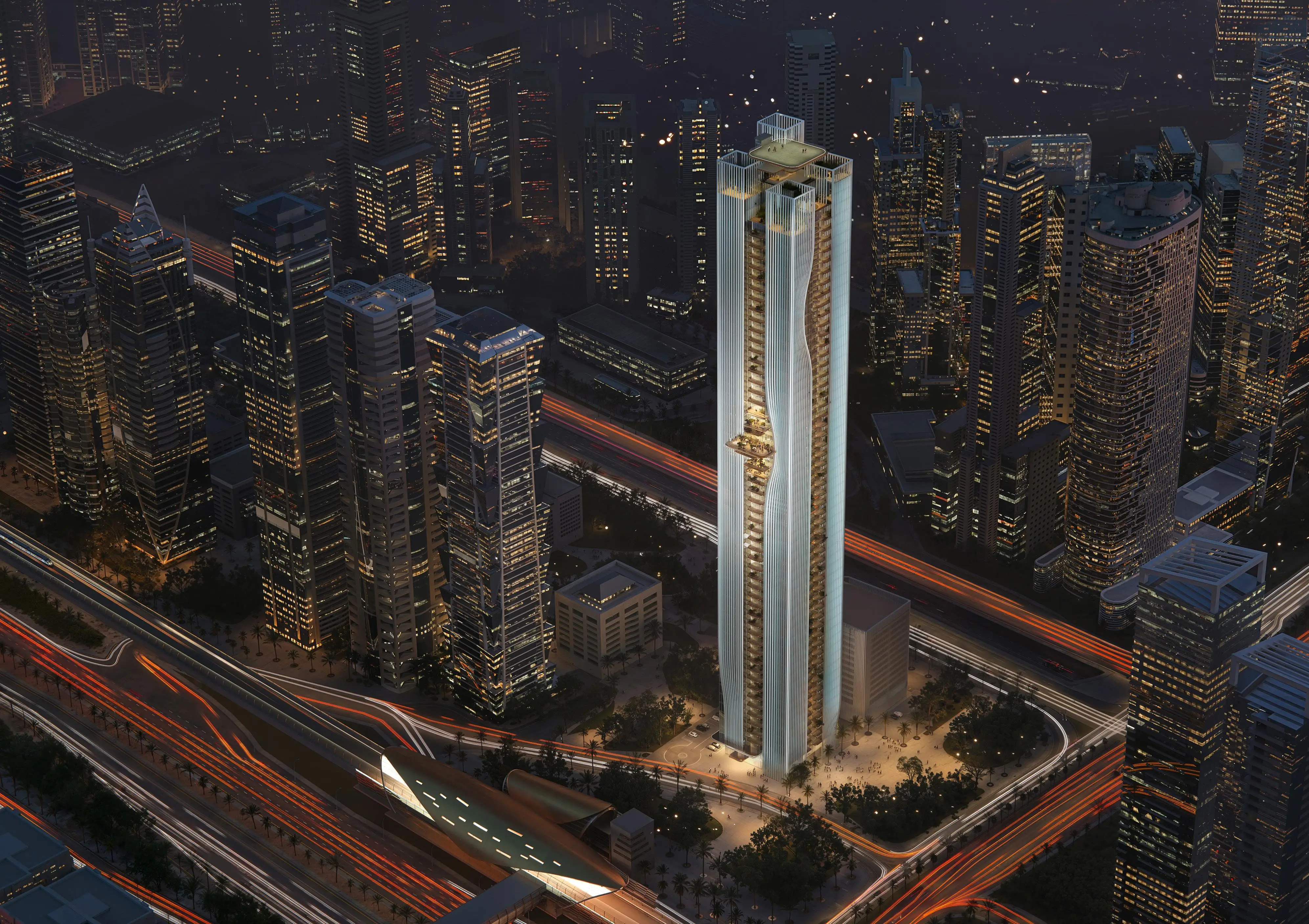 Night aerial rendering of Berkeley Tower and the Business Bay skyline