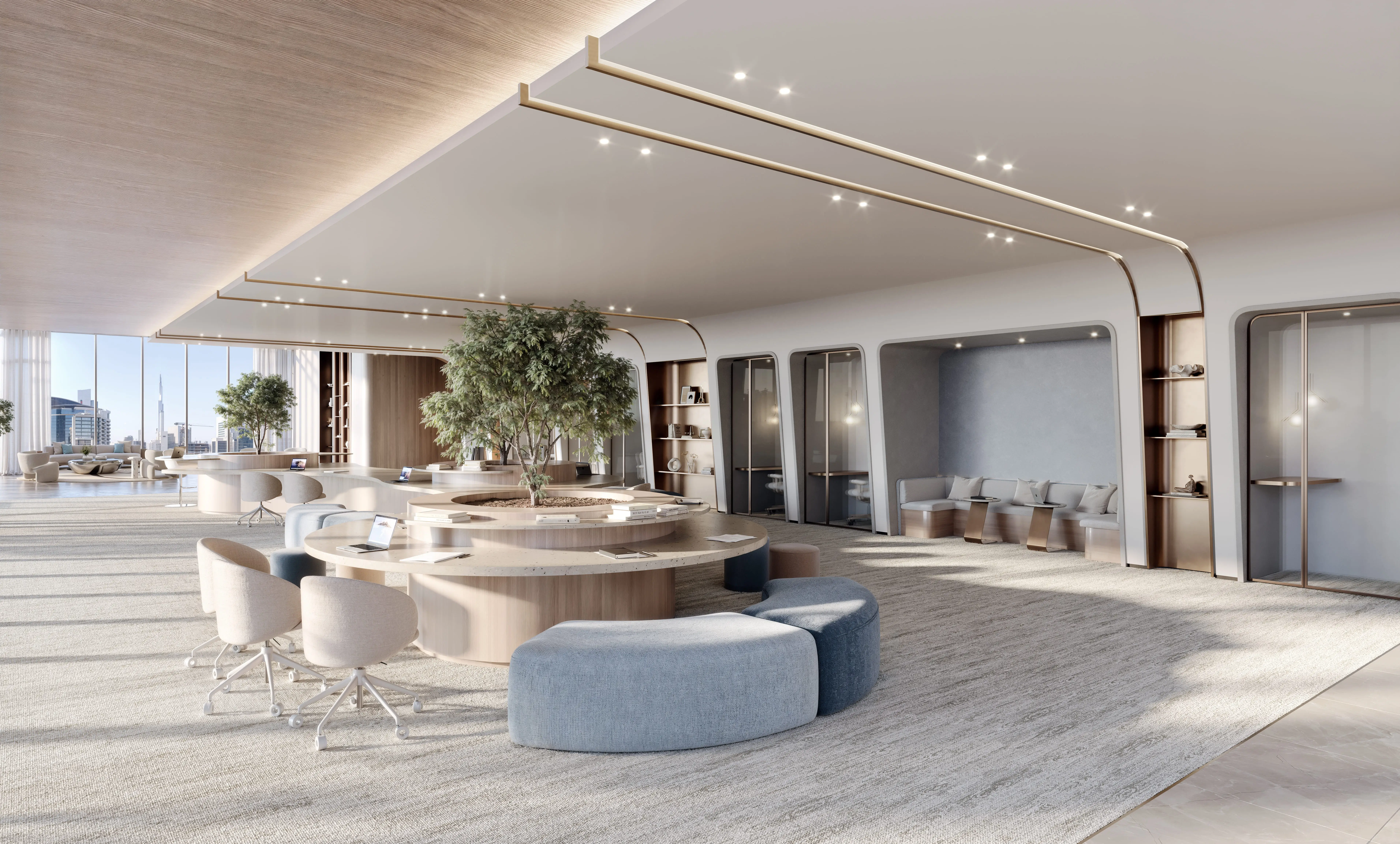 Collaborative workspace and informal meeting area at Berkeley Tower