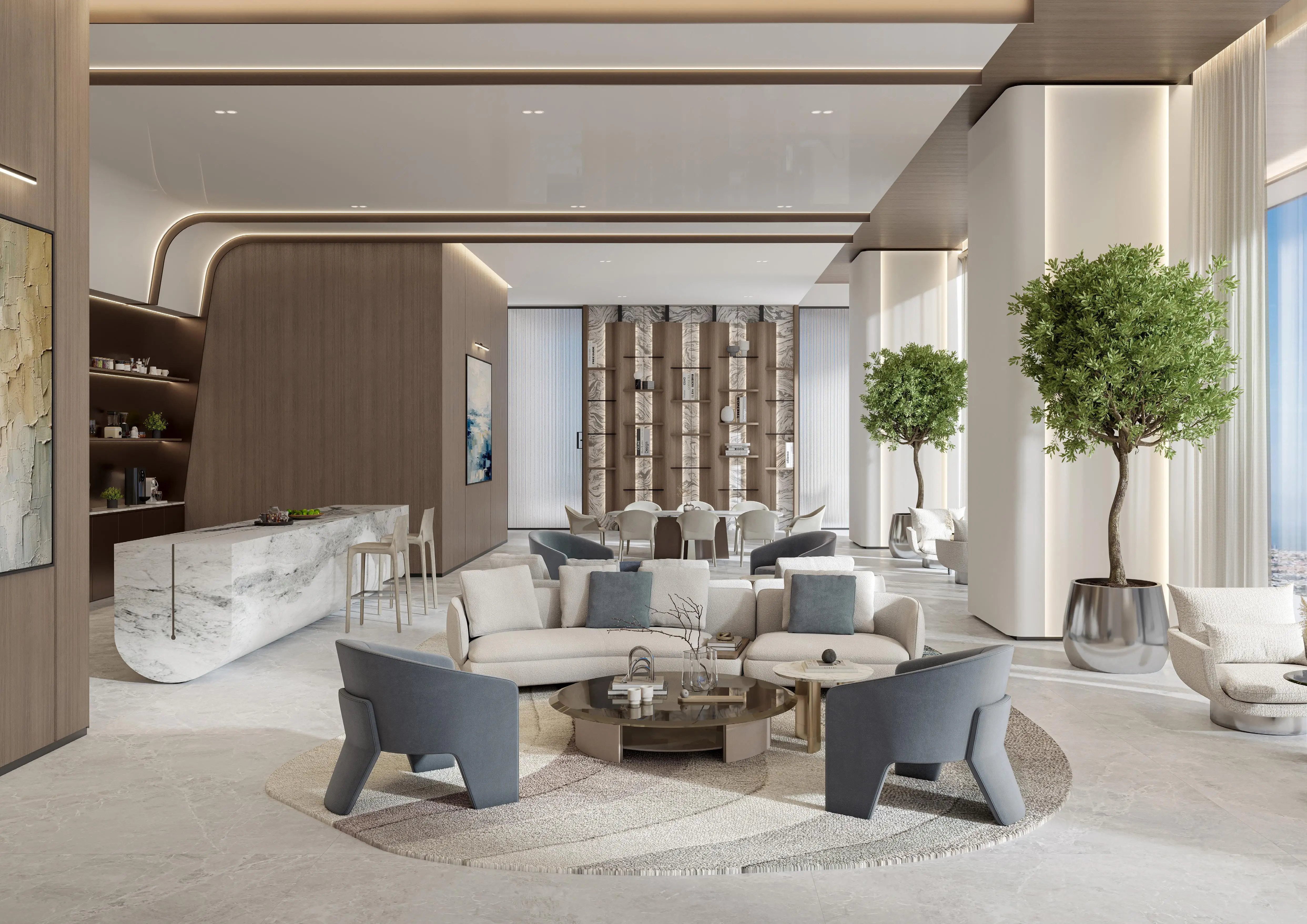 Contemporary co-working lounge at Berkeley Tower Business Bay