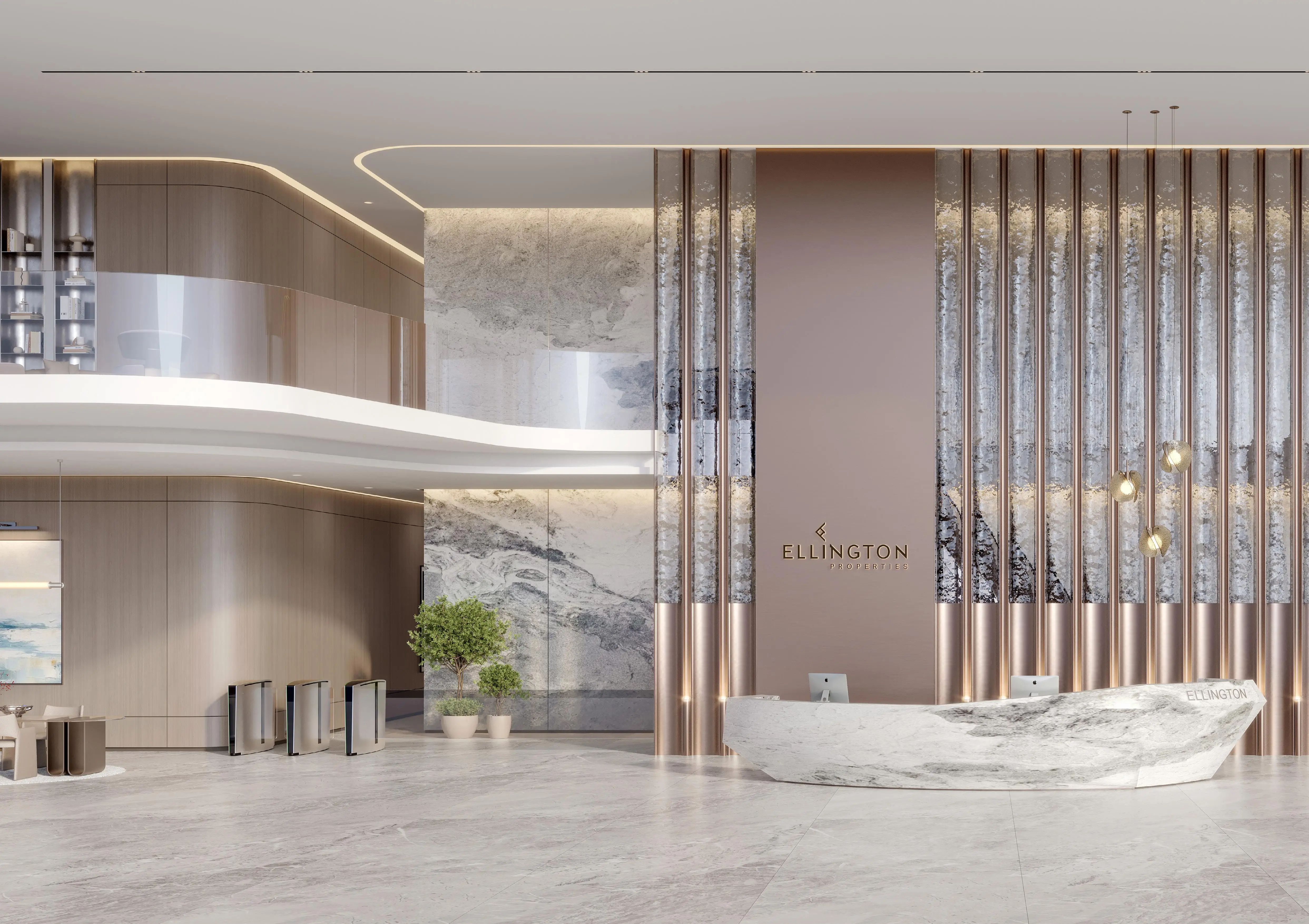Double-height Berkeley Tower lobby with sculptural reception desk