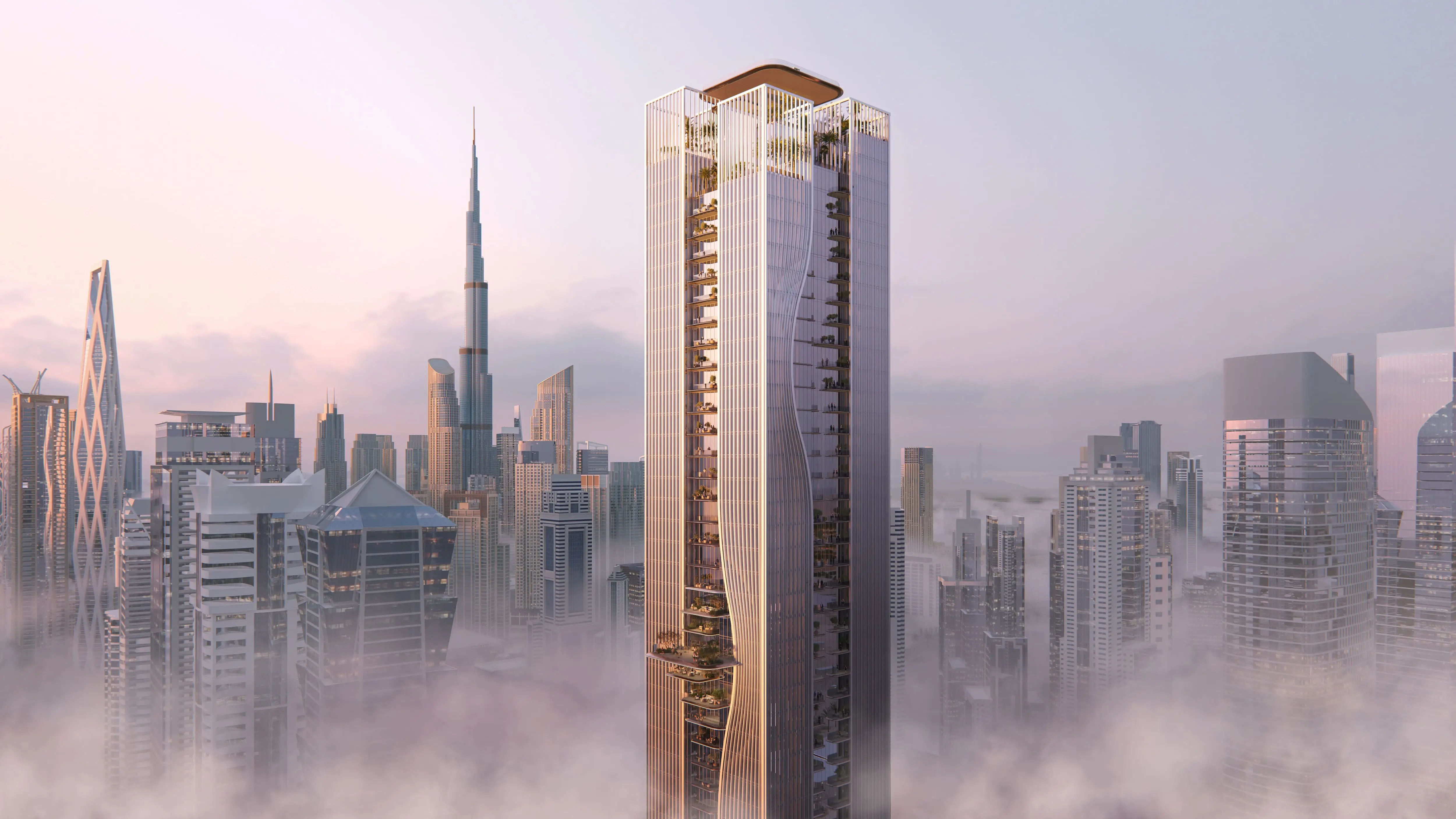 Berkeley Tower exterior with Burj Khalifa and the Dubai skyline