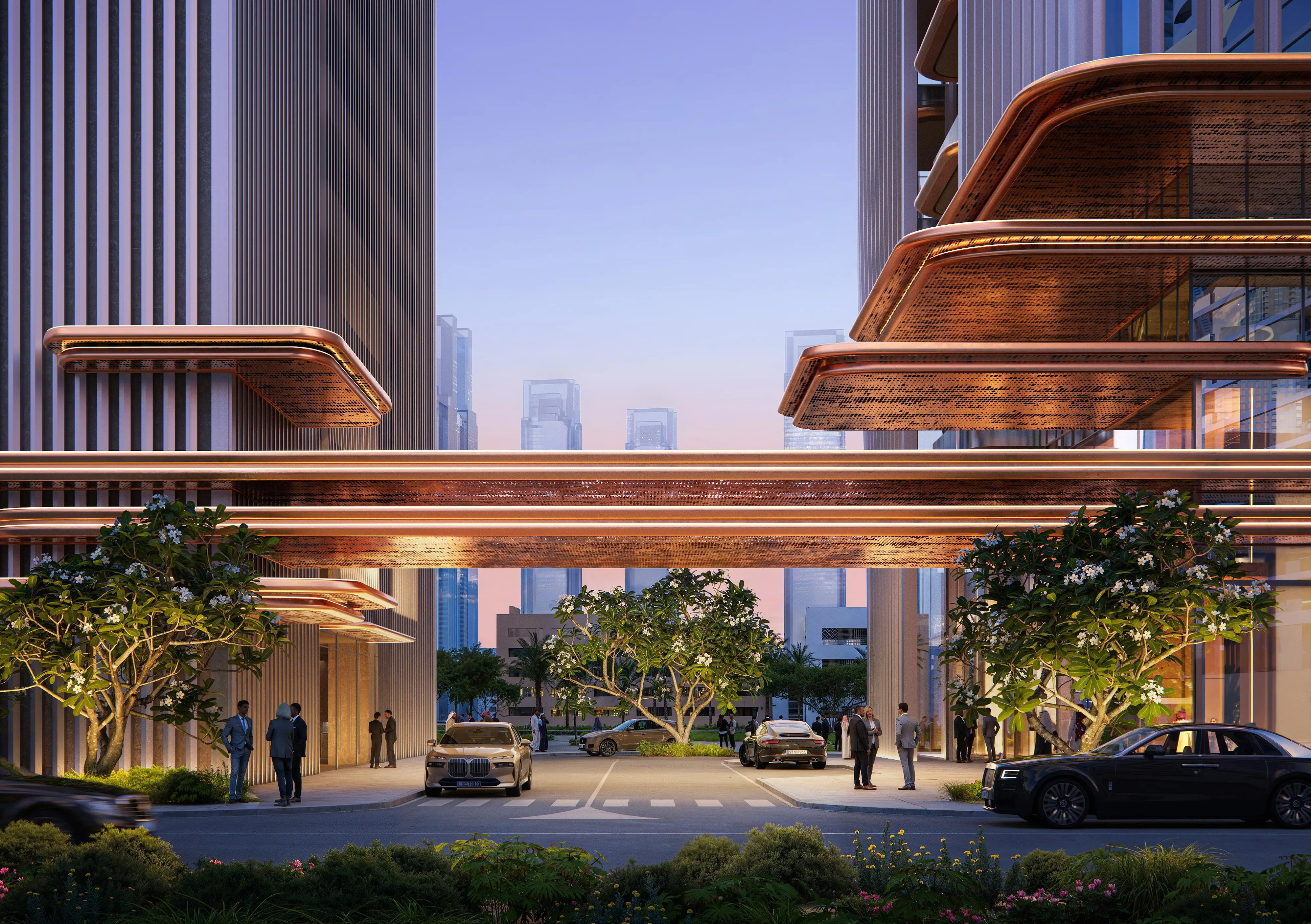 Landscaped Berkeley Tower arrival and office drop-off in Business Bay