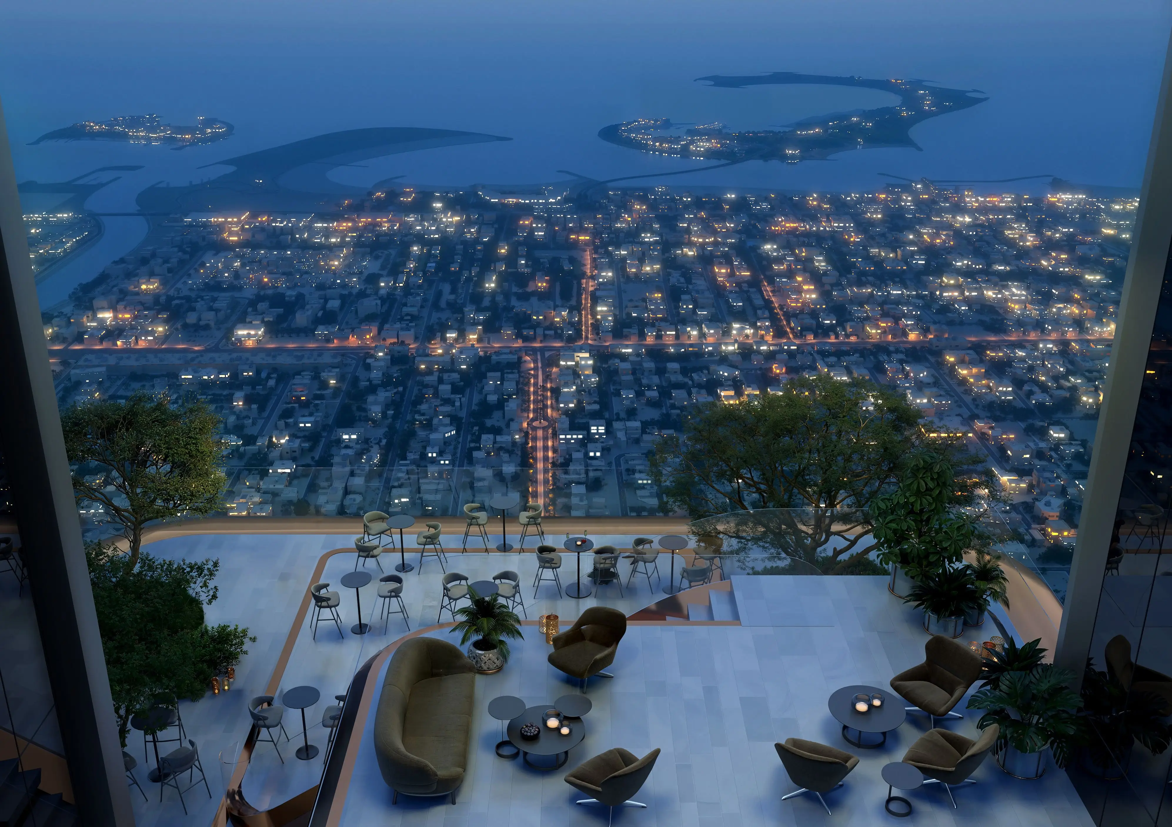 Outdoor terrace at Berkeley Tower overlooking Dubai at night