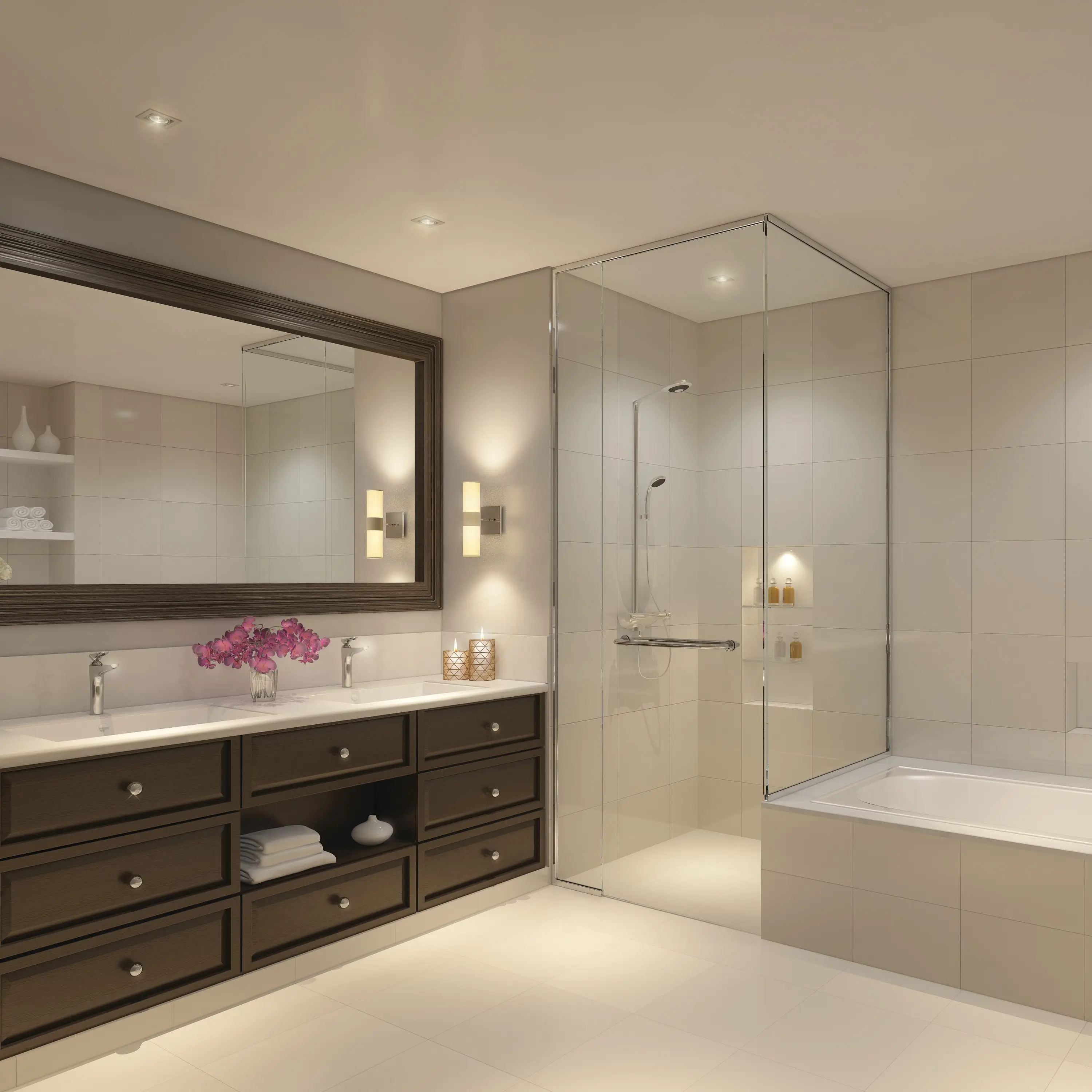 BLVD Crescent apartment bathroom with glass shower and bath