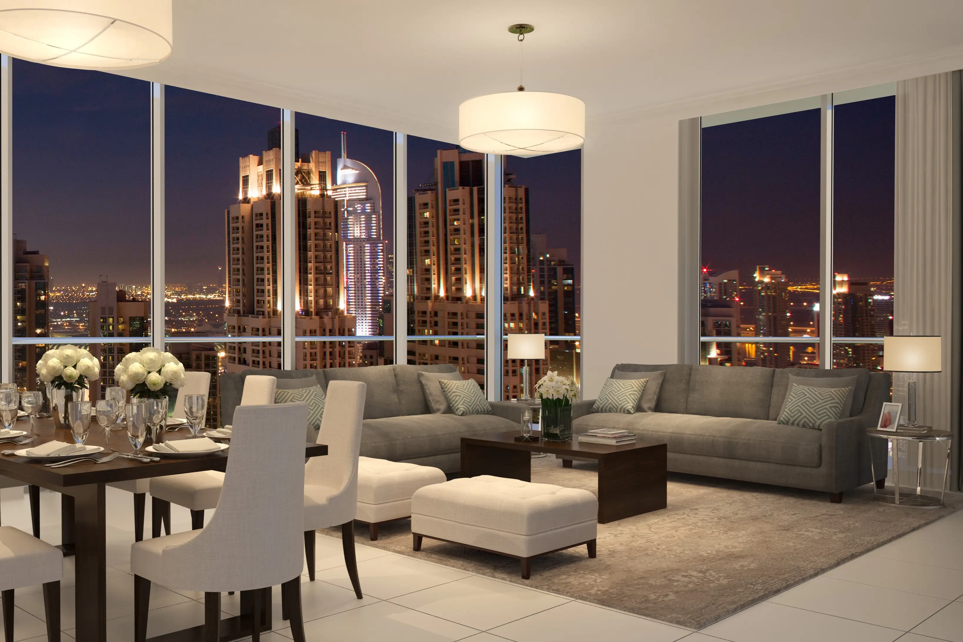BLVD Crescent apartment living and dining room with Downtown Dubai views