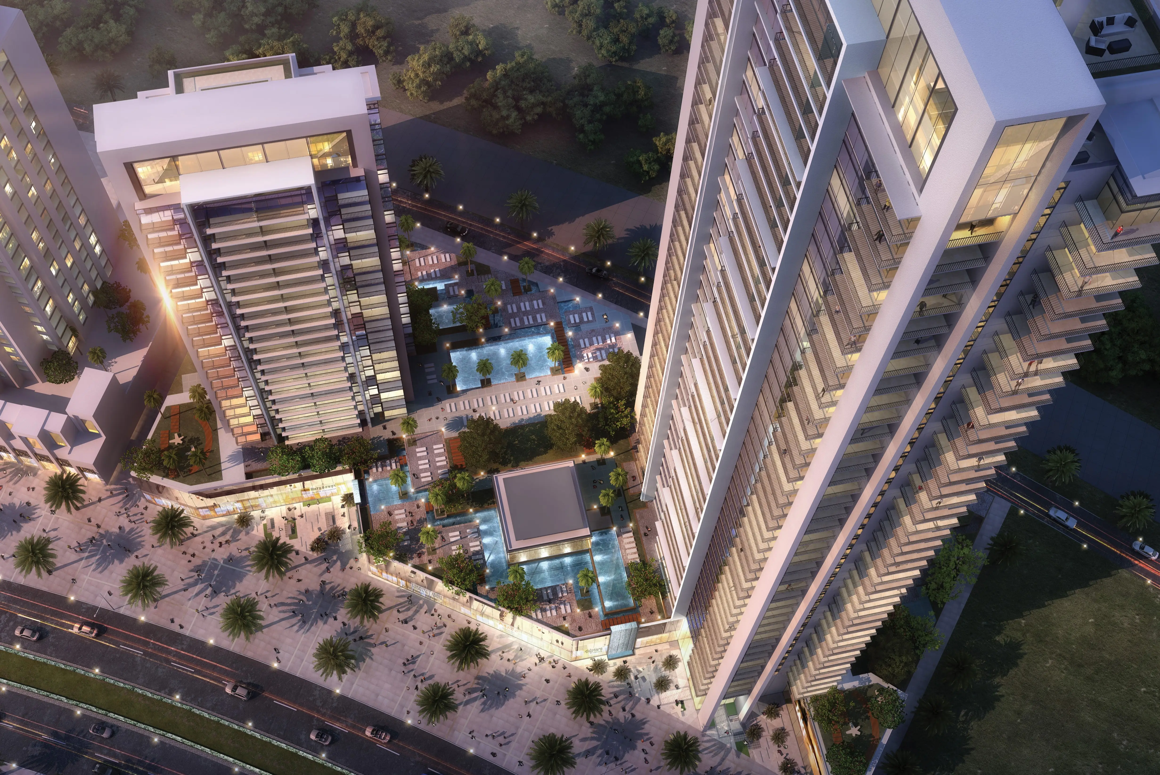 BLVD Crescent towers and landscaped podium viewed from above