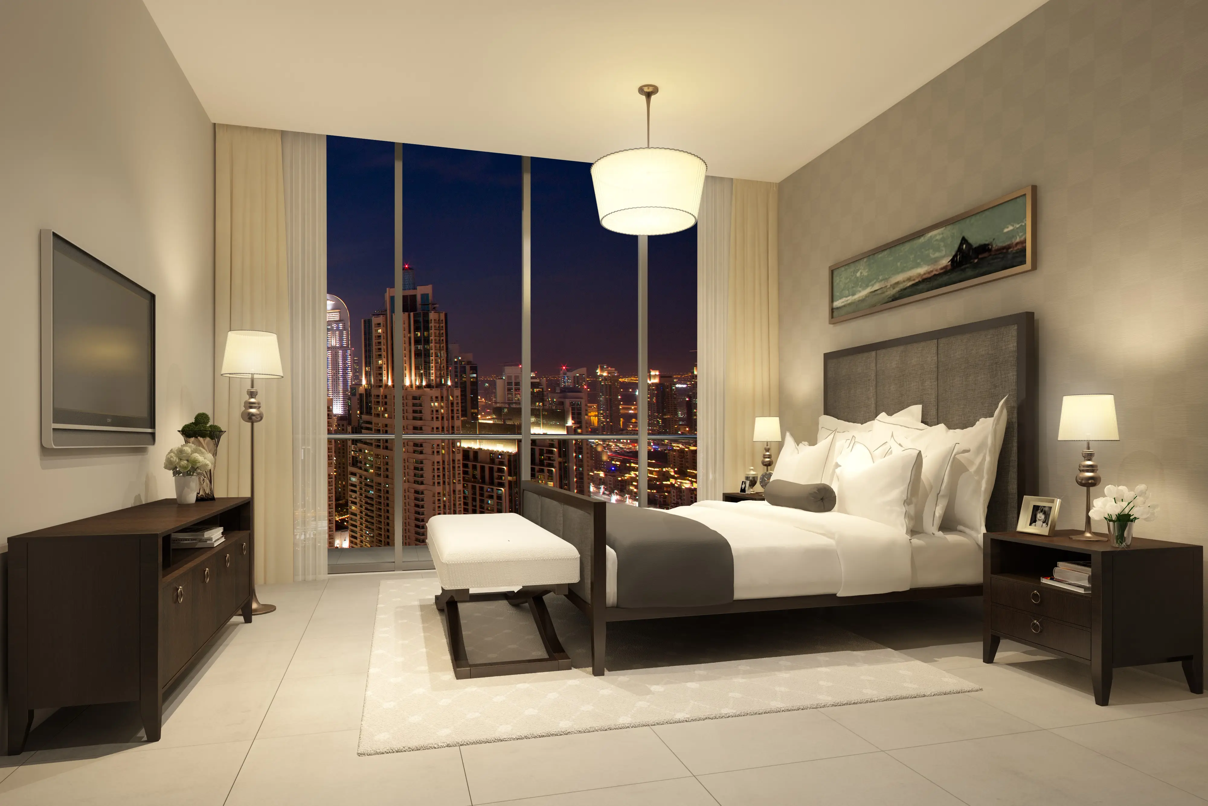 BLVD Crescent bedroom with balcony and Downtown Dubai skyline view
