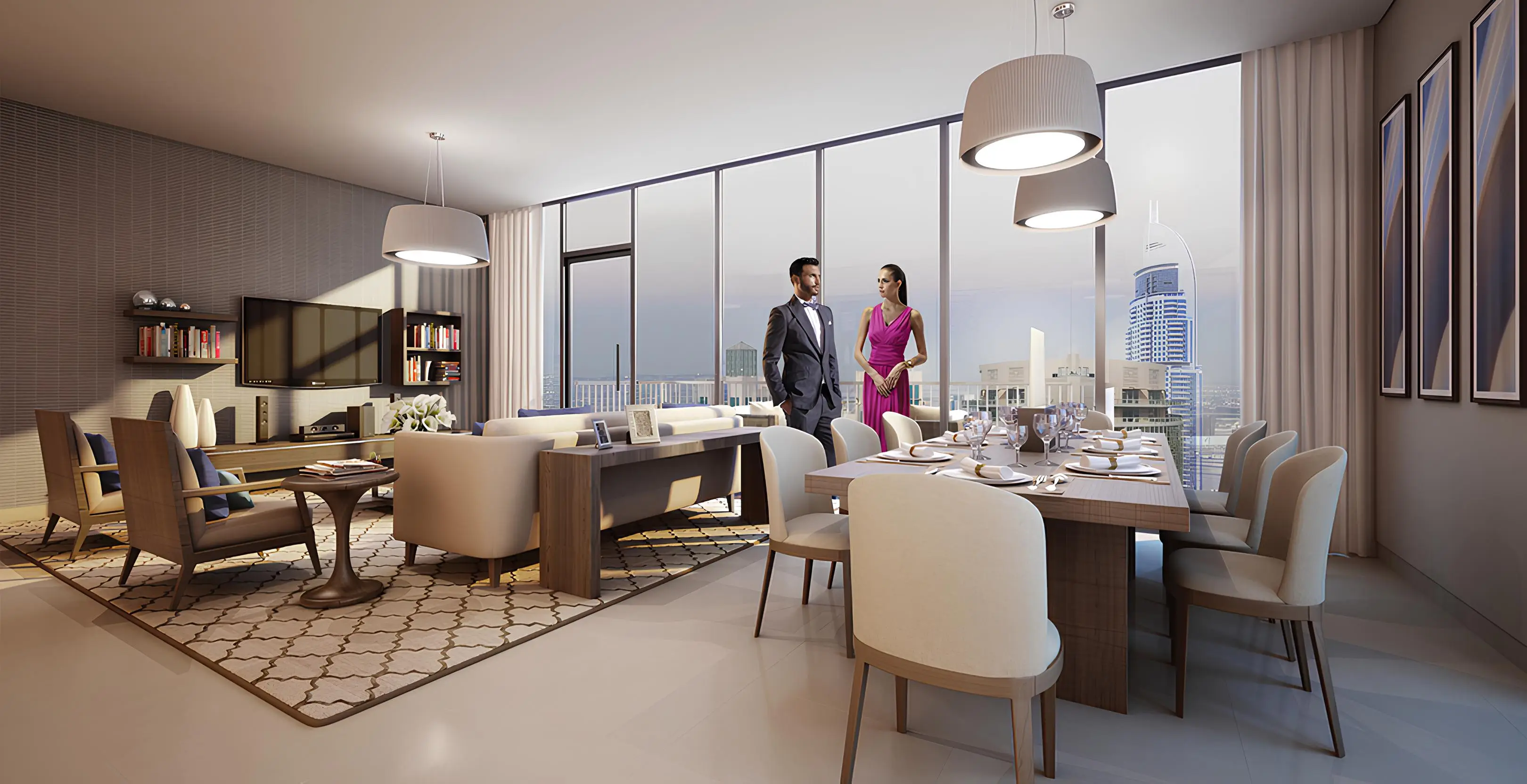 BLVD Heights apartment living and dining room with Downtown Dubai views